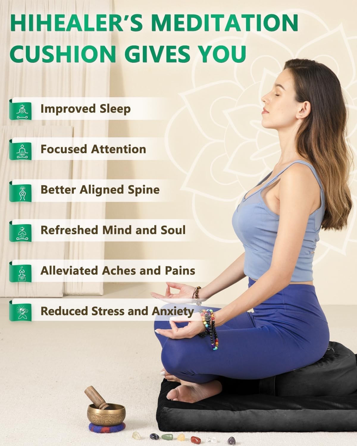 Velvet Meditation Pillow – Large Round Zafu, Buckwheat Filled, Ergonomic