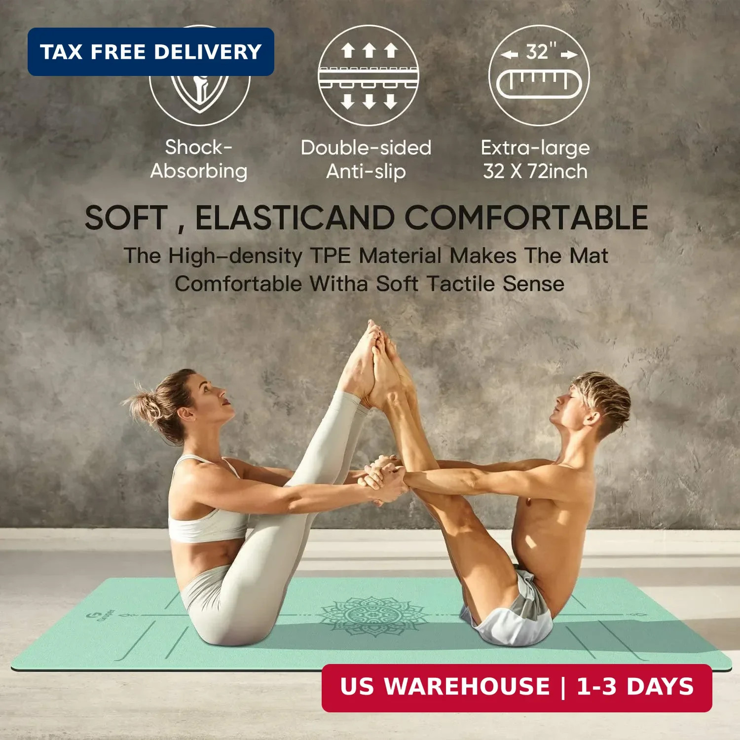 Gruper Yoga Mat Non Slip TPE Extra Wide Yoga Mat with Alignment Mark, 72&Prime;L x 32&Prime;