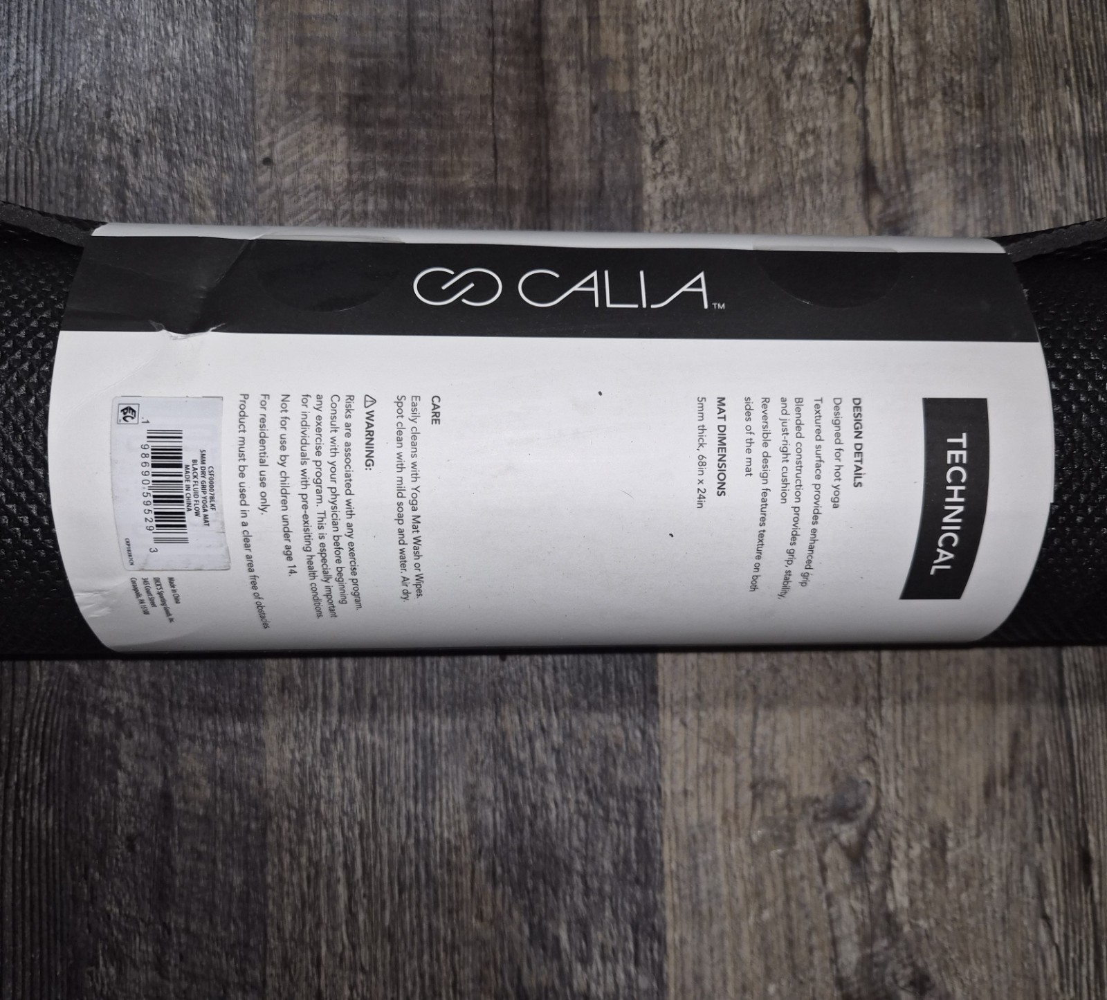 CALIA Non-Slip Dry Grip Yoga Mat Black PVC 68x24in 5mm Thick Rectangle