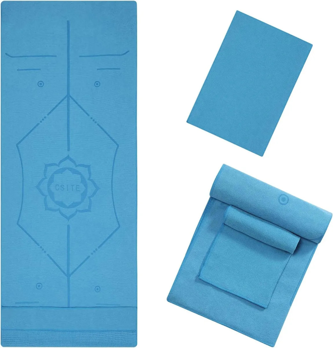 Non Slip Yoga Mat Towel with Alignment Line + 1pc Hand Towel, 72” x 24” New