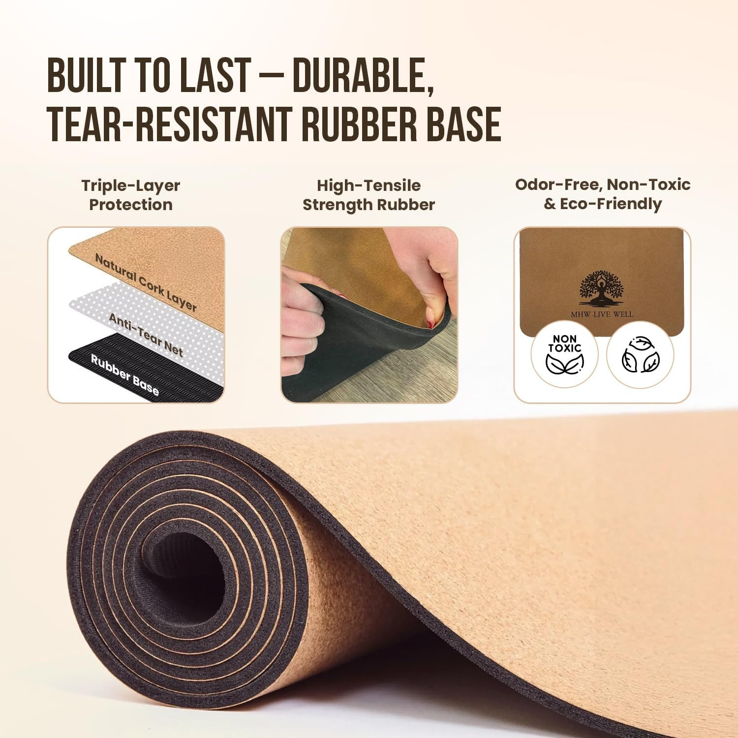 MHW- Live Well Non-Slip Yoga Mat 6Mm Extra Thick – Eco-Friendly Cork & TPE Exerc