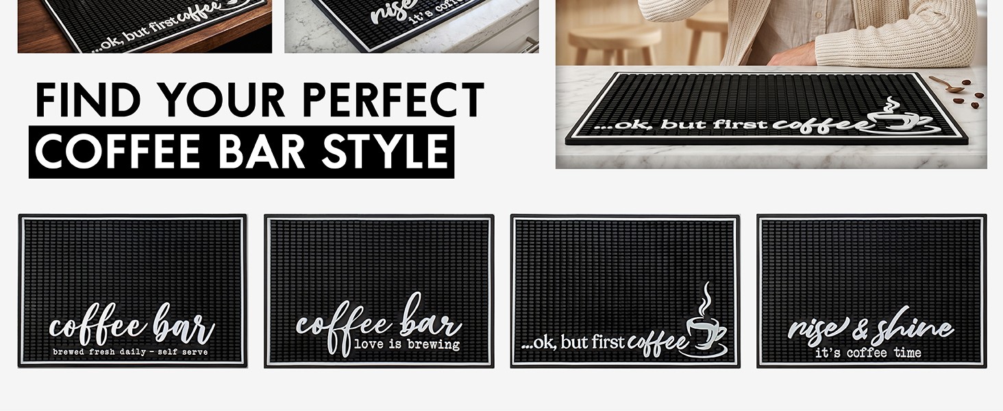 Coffee Bar Mat – “Rise & Shine It’s Coffee Time” – Spill-Proof PVC Coffee