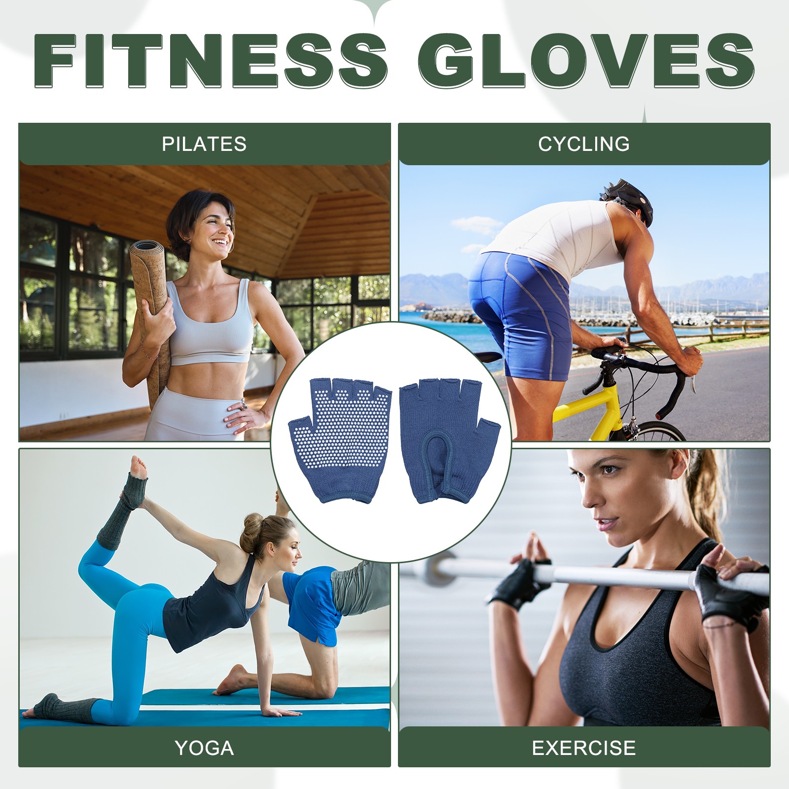 Yoga Gloves, Non Slip Fingerless Pilates Gloves, Dark Blue