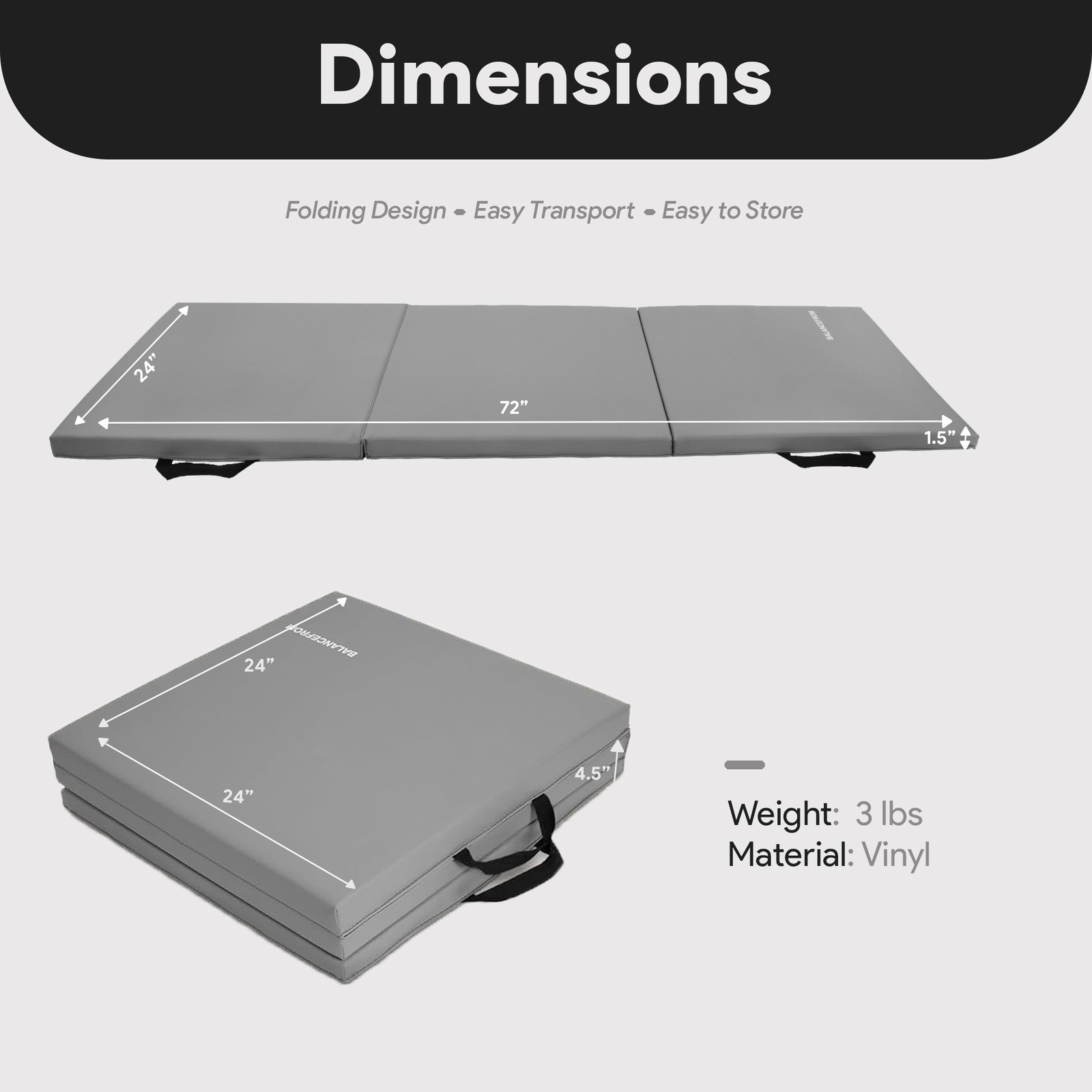 BalanceFrom Fitness GoGym 6 &lsquo;x 2&rsquo; x 1.5&Prime; Folding 3 Panel Exercise Gym Mat, Gray