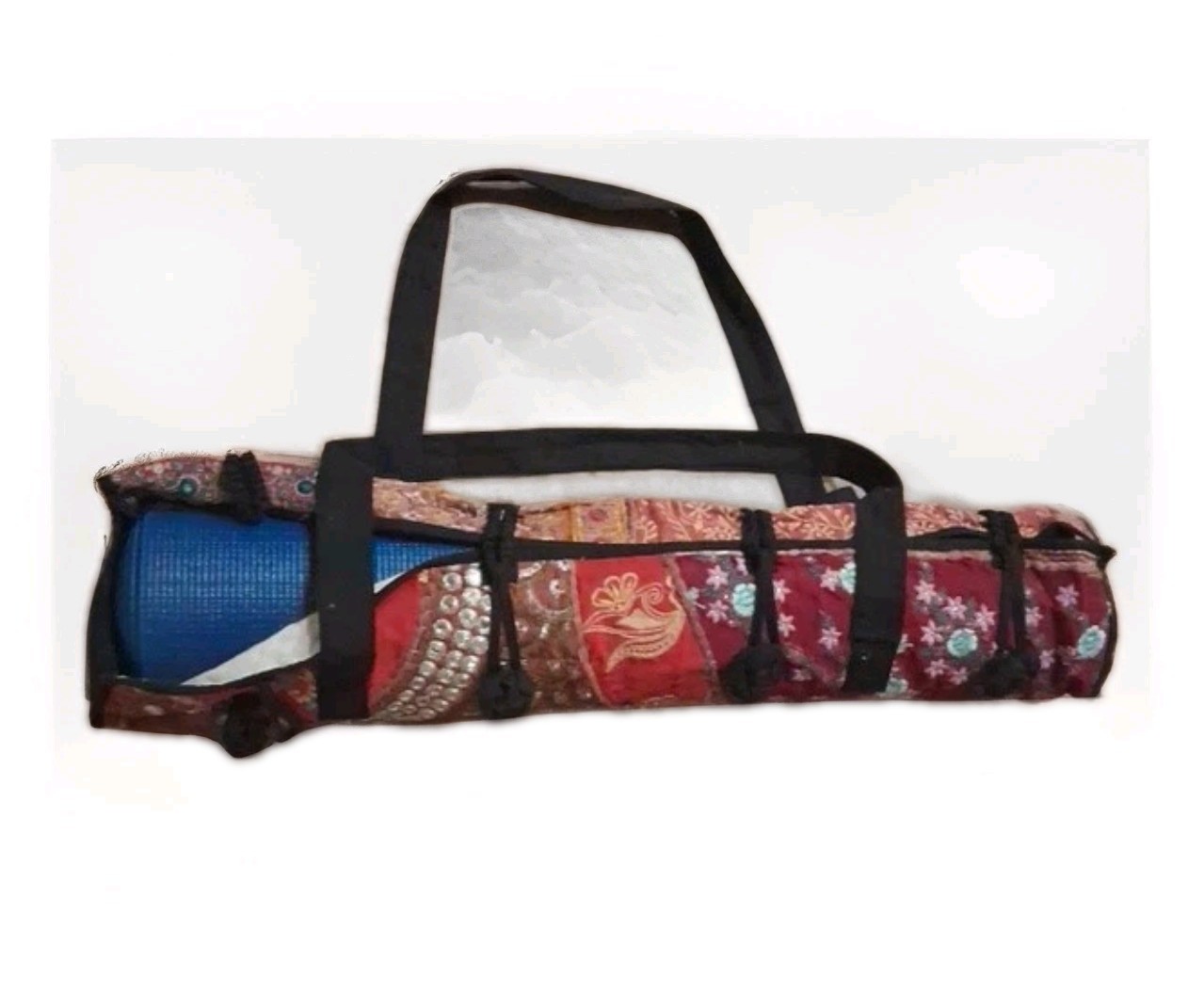 Handmade Indian Fabric Yoga Mat Shoulder Carry Bag w Cloth Knot Closures & Mat