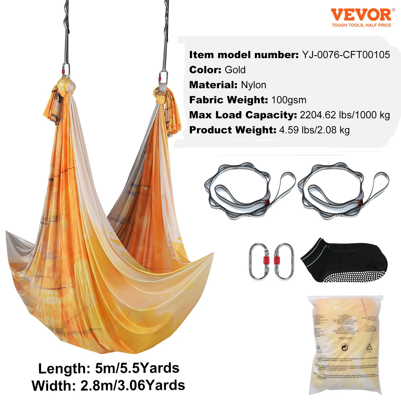 VEVOR Yoga Swing Aerial Hammock 5.5 Yards Nylon Hanging Sling Inversion Gold