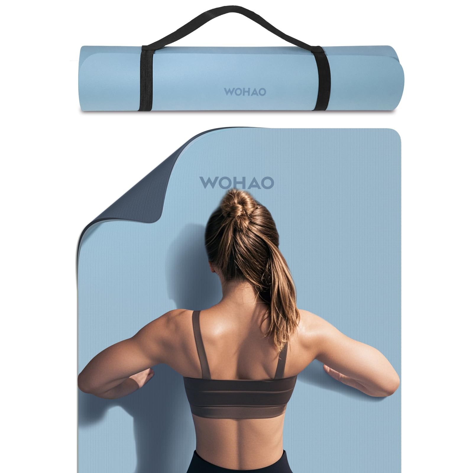 WOHAO Extra Thick 8mm Yoga Mat, 72&Prime;x28&Prime; Non 183*70*0.8cm, Blue-gray+Navy blue