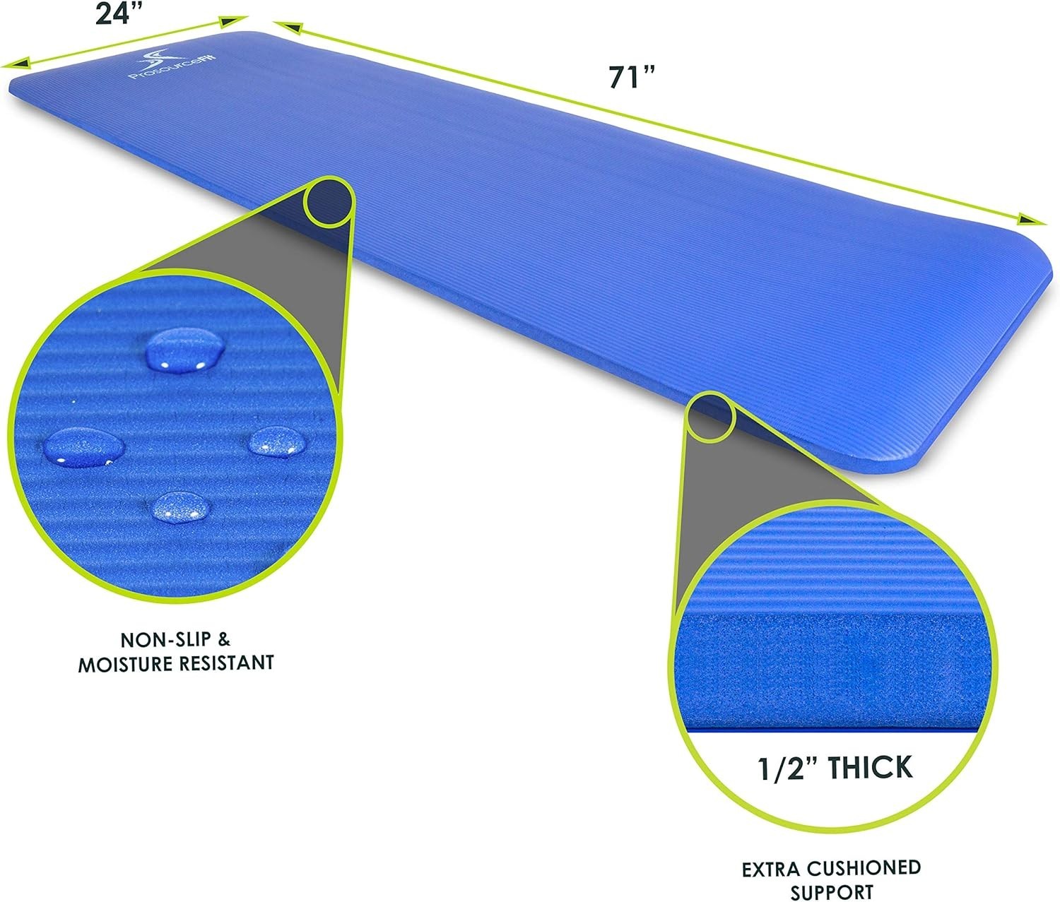 Extra Thick ½” Yoga & Pilates Mat – 71” Long Comfort Foam in Stylish Blue