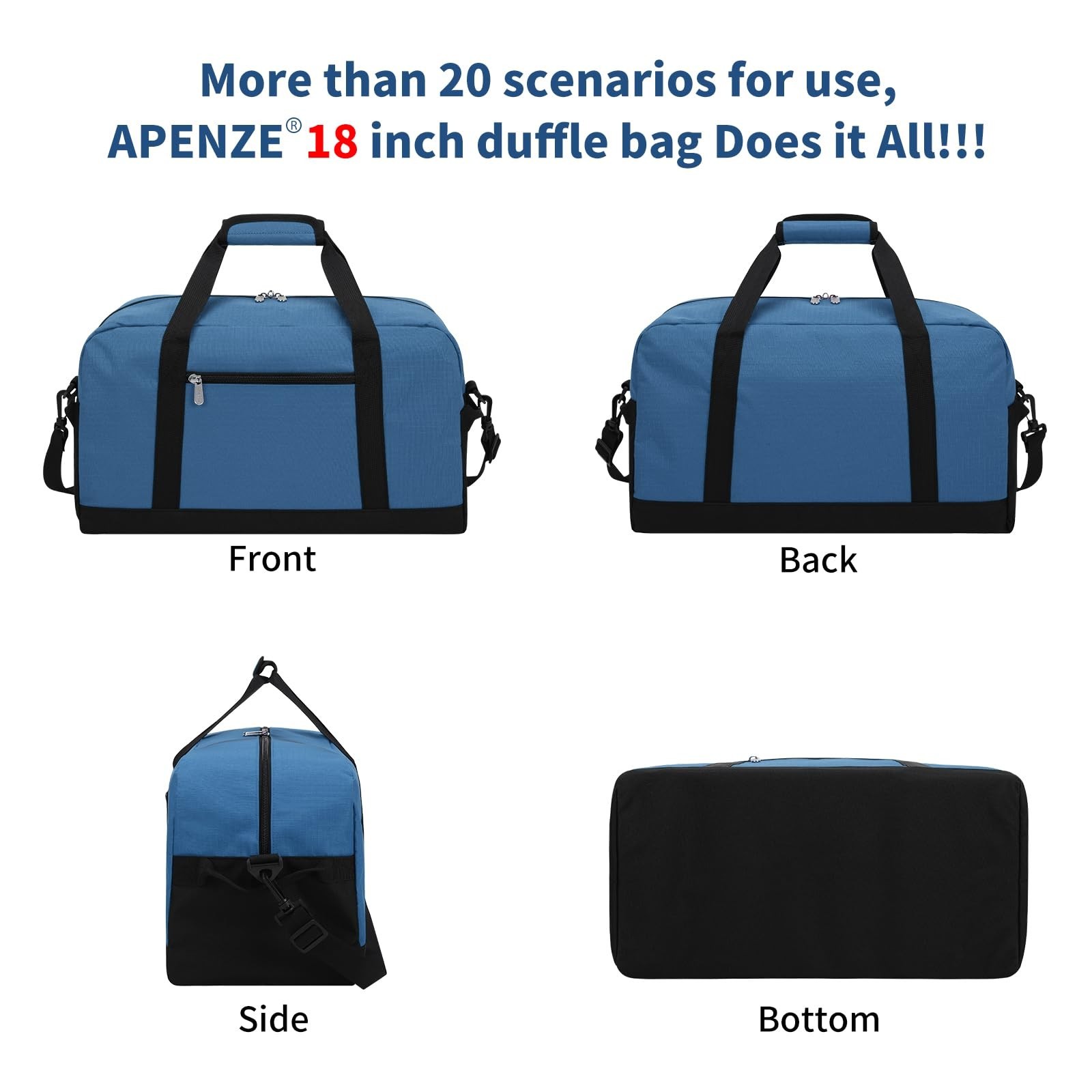 Apenze Small Gym Bag 18 inch Carry On Duffel Bag for Weekender Travel – Blue