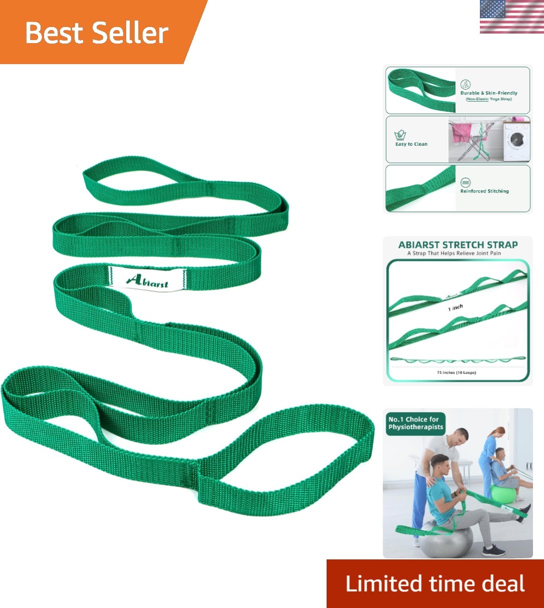 Abiarst Stretching Strap Yoga Straps Physical Therapy 10 Loops Non-Elastic
