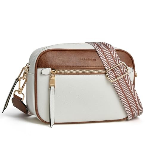 Small Crossbody Bag for Women Triple Pockets Vegan Leather Shoulder White&brown