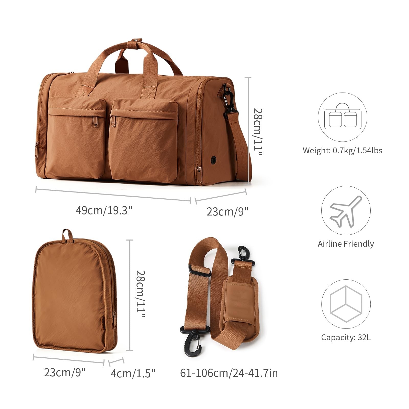 Aji Foldable Gym Bag for Women Men with Shoes Compartment, 3 in 1 Carry on Tr…