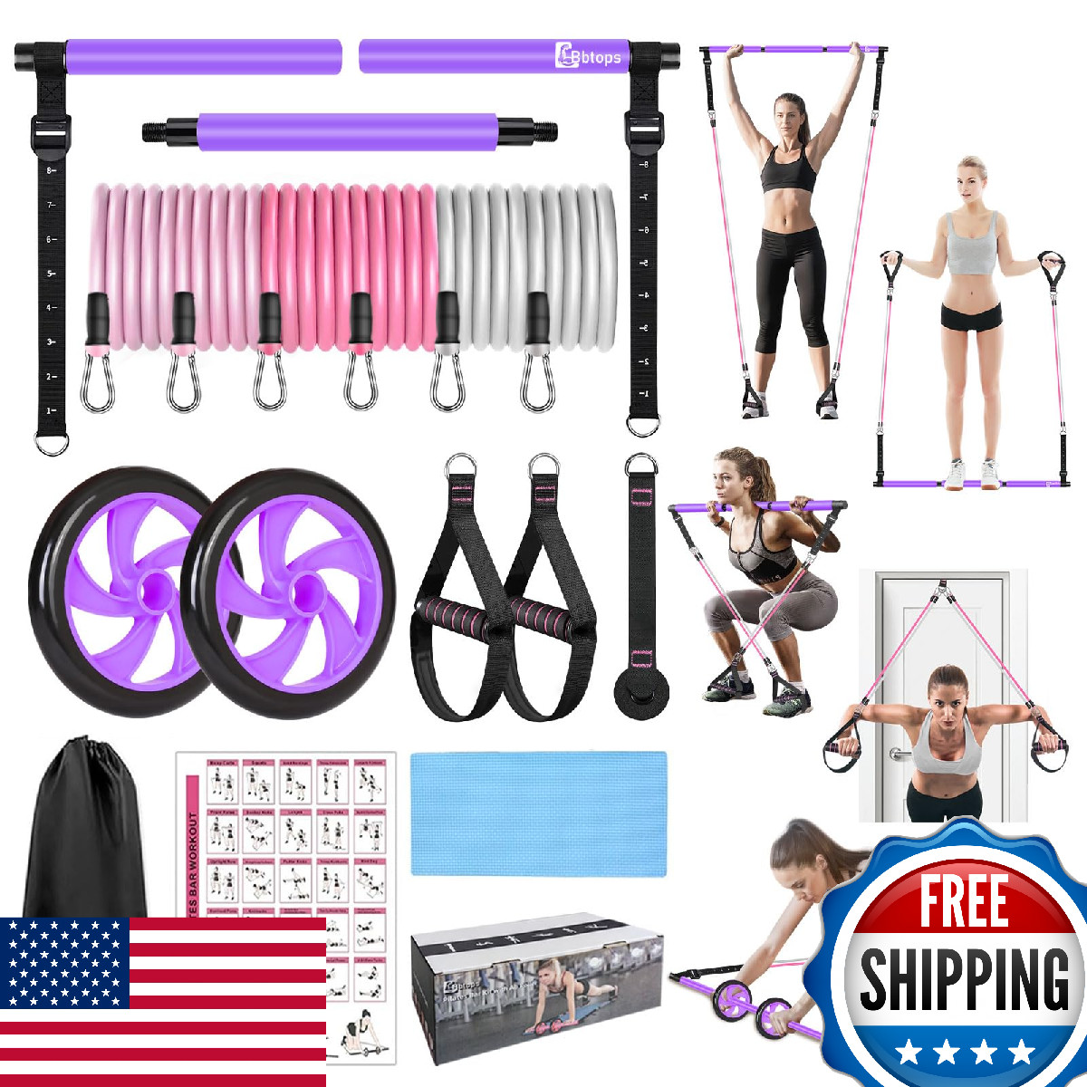 BBTOPS Pilates Bar Kit with Resistance Bands, Exercise Bar, AB Roller, Home Gym