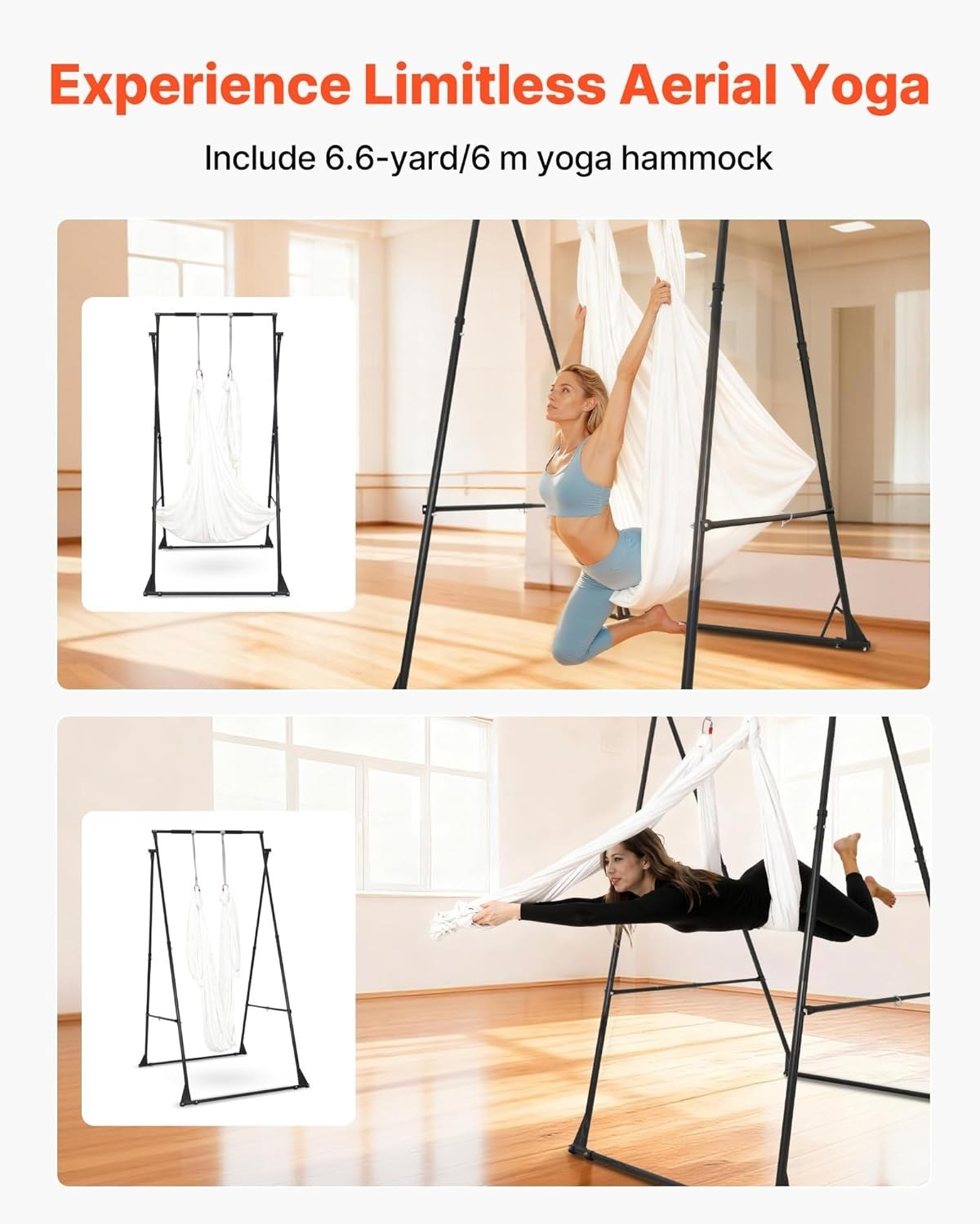 Max 440.9 lbs Steel Yoga Stand Frame with Hammock, 6.6-Yard Fabric, Black/Silver