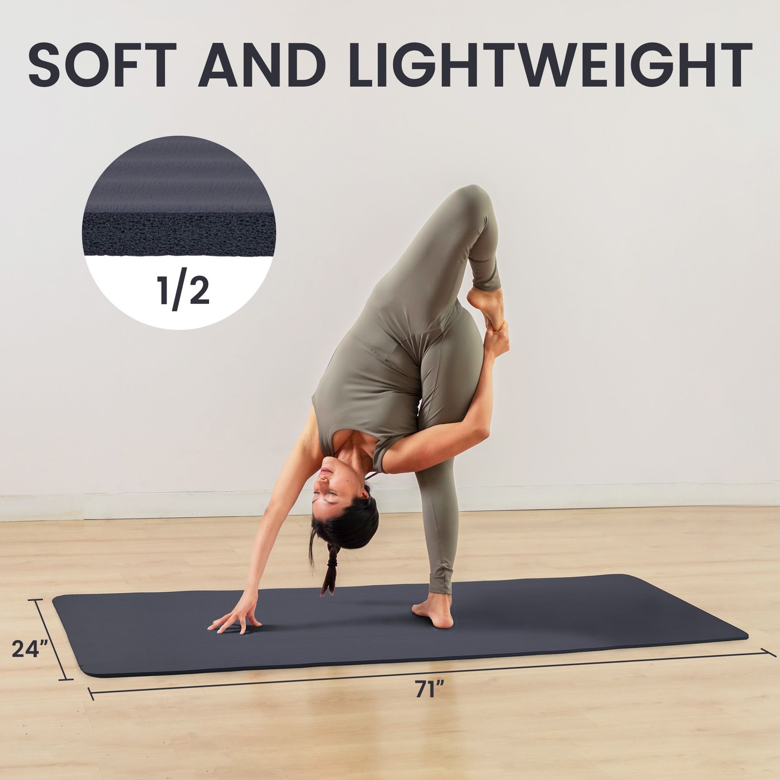 Fitvids 1/2&Prime; Thick High Density Exercise Yoga Mat, Carrying Strap, Graphite