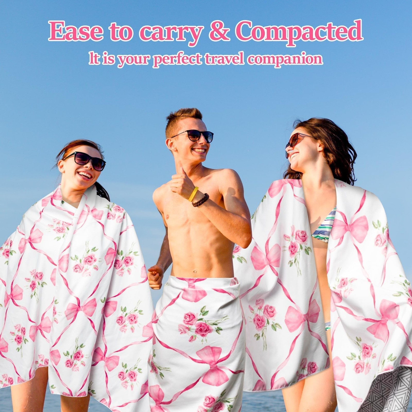 Pink Bow Oversized Beach Towel – Flower Double-sided Thin Microfiber Lightwei…