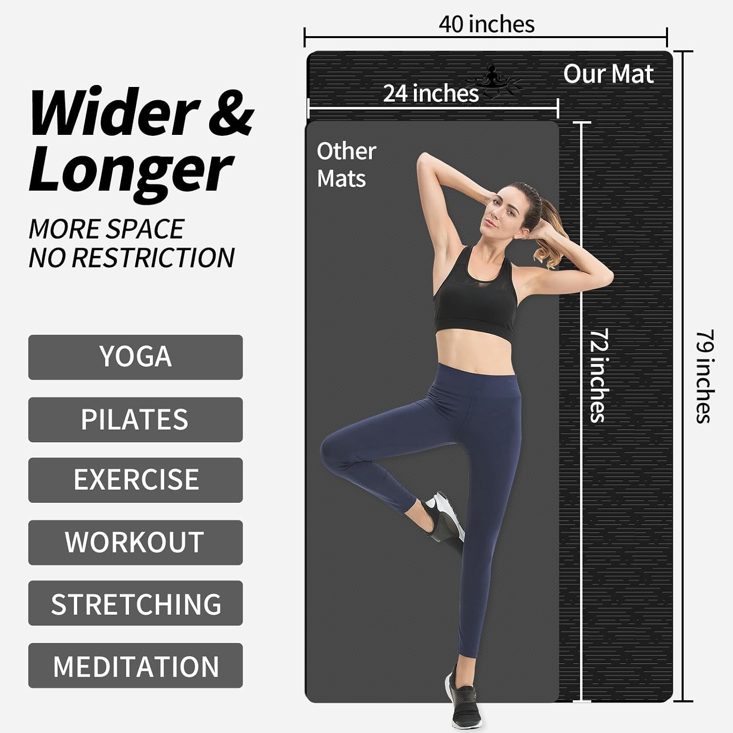 Extra Long TPE Yoga Mat 79&Prime; x 40&Prime; x 1/2&Prime; Thick Non-slip Exercise Mat Home Gym