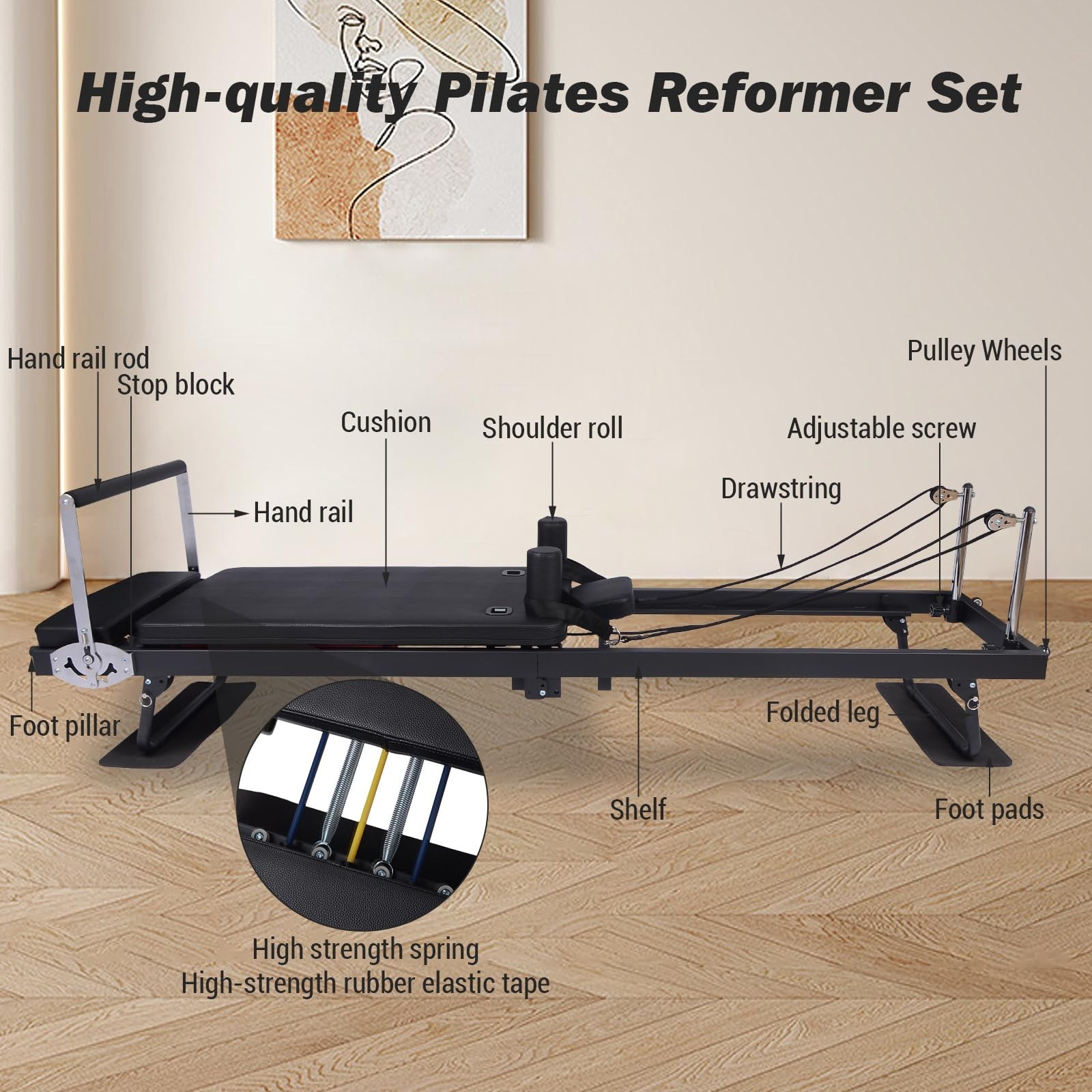 Pilates Reformer Machine,Foldable Pilates Equipment w/Adjustable Resistance Cord
