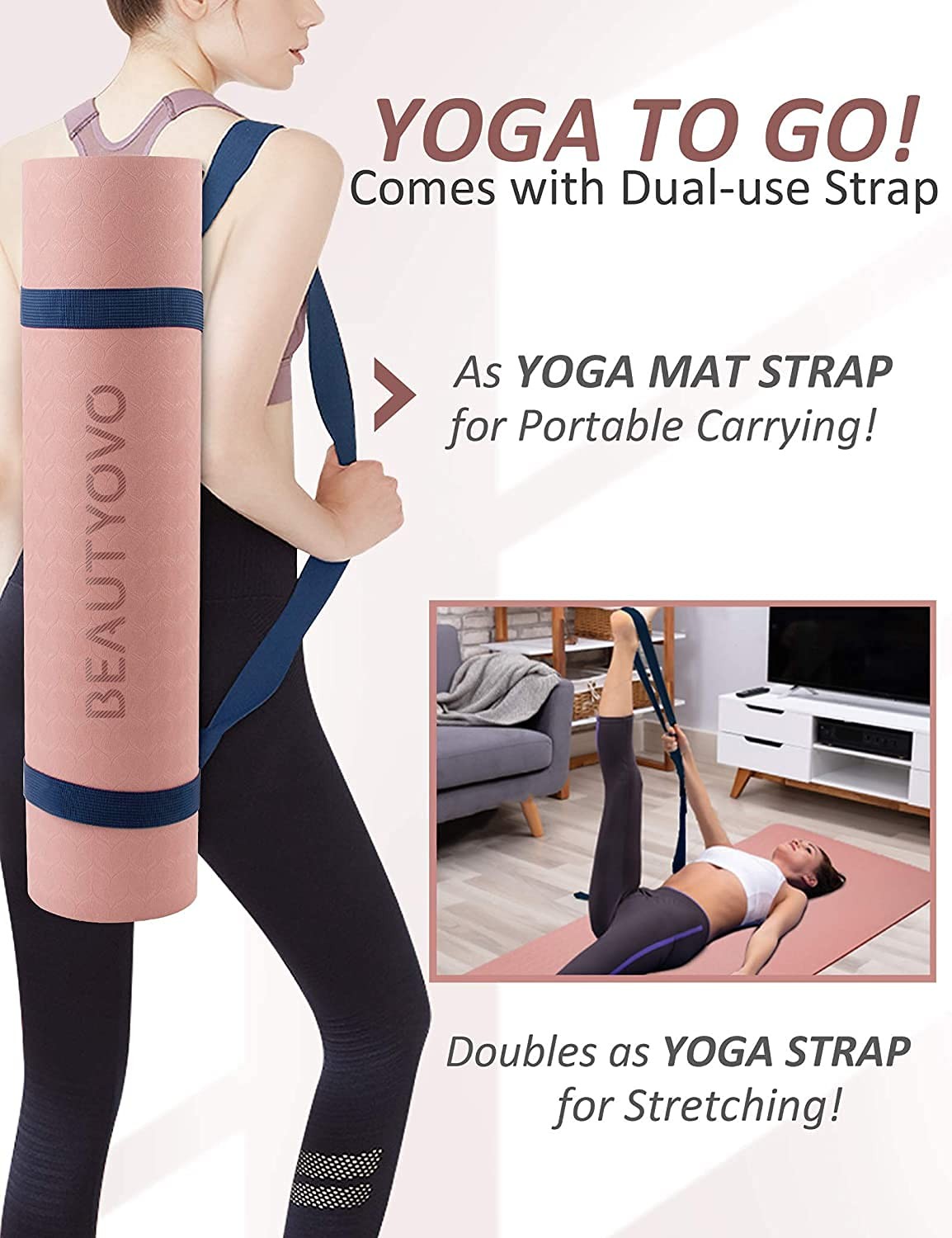 Yoga Mat with 72 » x 24 » x 1/3 » (Regular Version), Cherry Pink & Navy Blue