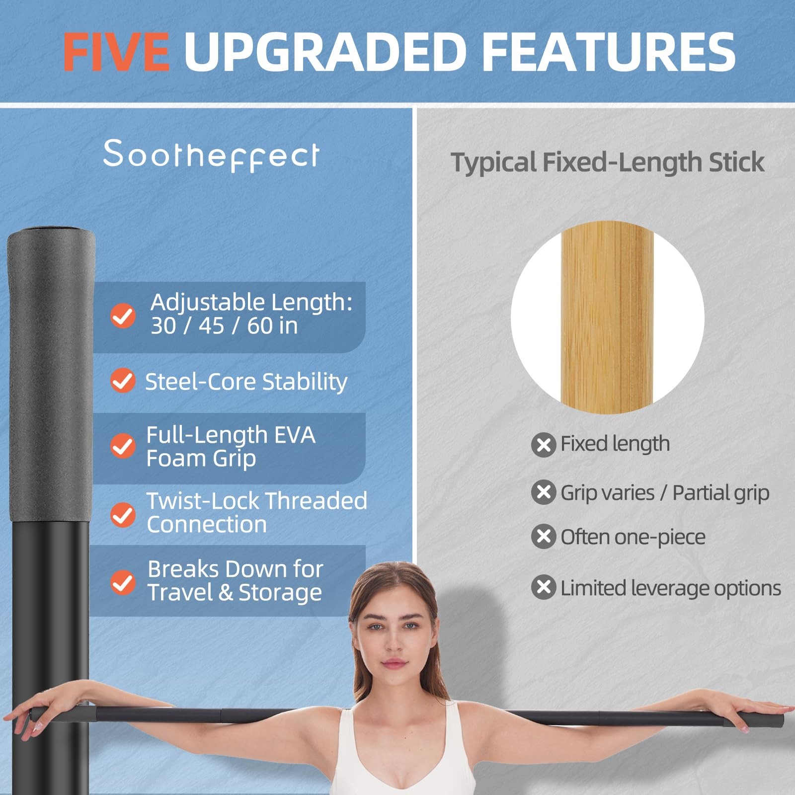 Adjustable Yoga Stick 30/45/60 in, Fully FoamSleeved Steel Stretching & Mobil…