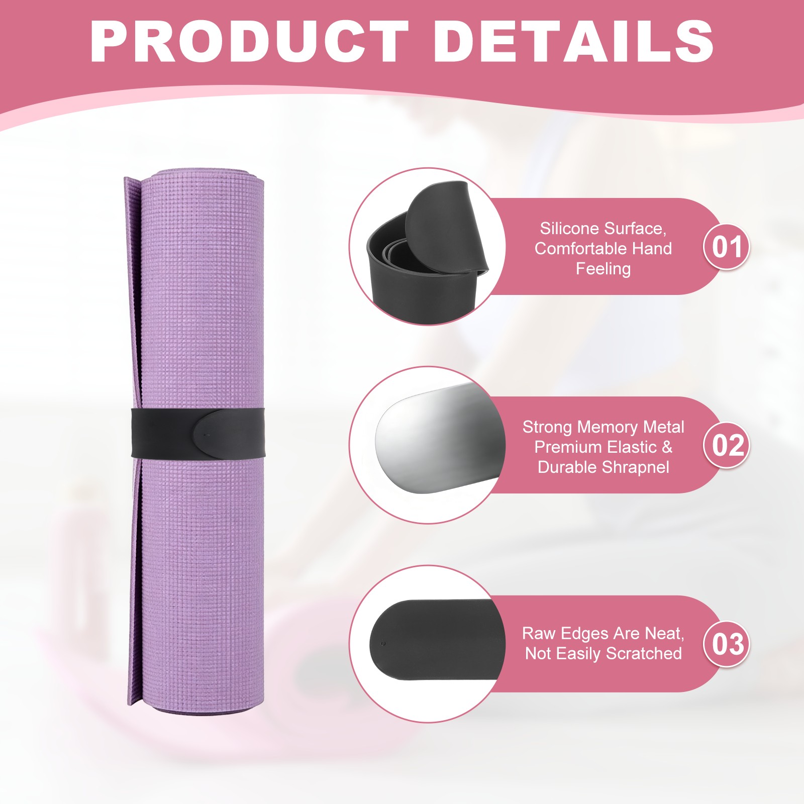 2Pcs Yoga Mat Strap Slap Band One Snap Yoga Mat Slap Band, Black