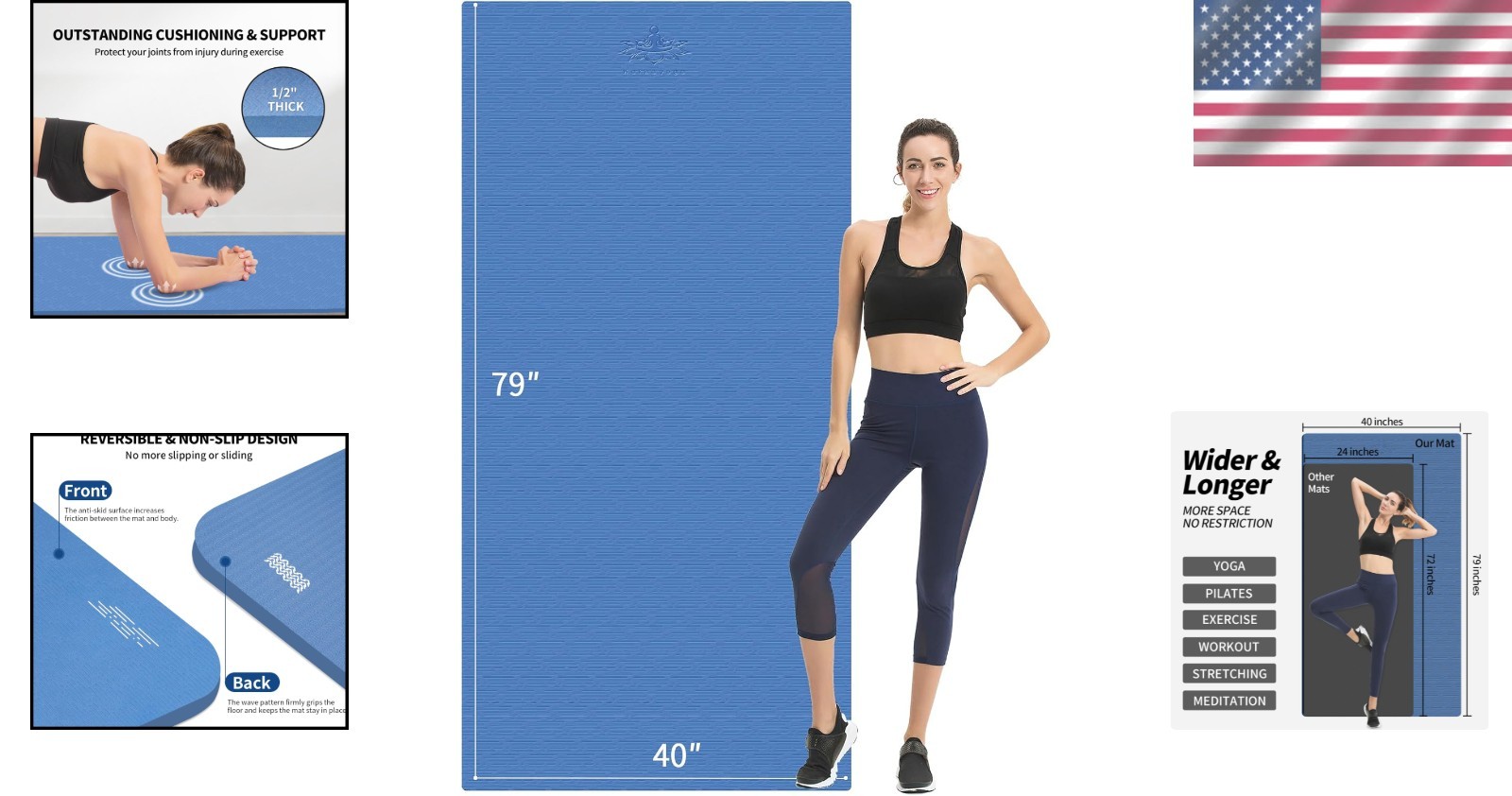 Extra Long TPE Yoga Mat 79&Prime;x40&Prime; 1/2&Prime; Thick Non-Slip Blue Home Gym Pilates