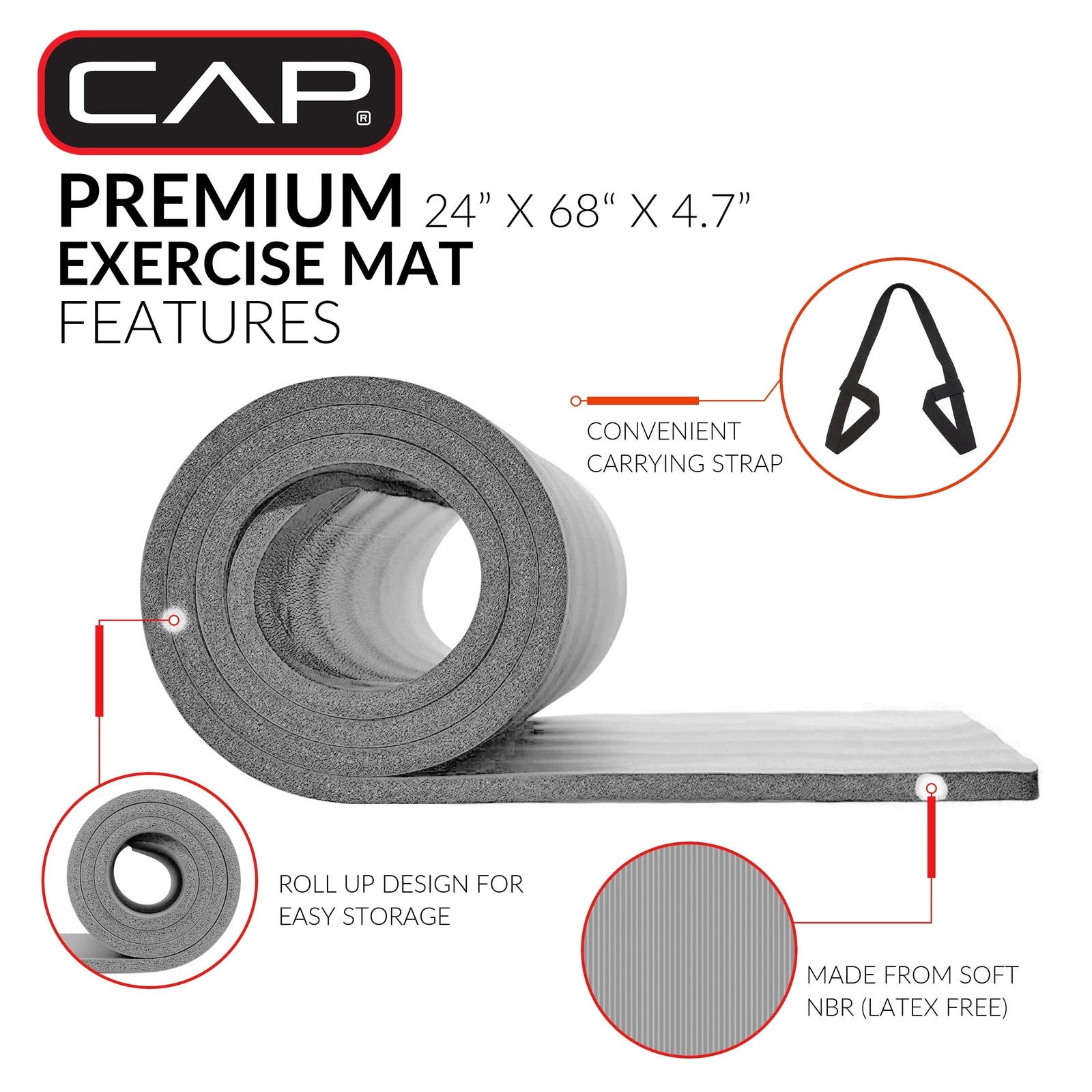 High Density NBR Exercise Mat with Carry Strap, Size: 68Inx24Inx.47In (12Mm Thic