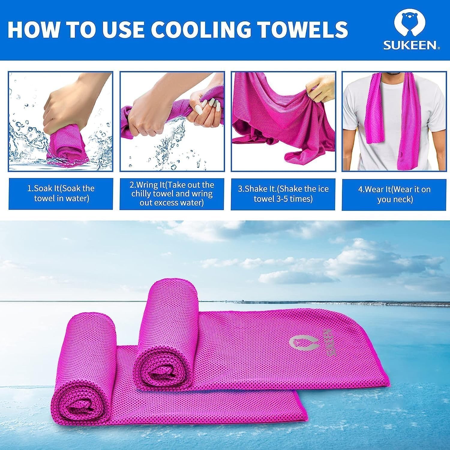 Sukeen Cooling Towels 8 Pack (40&Prime;x12&Prime;) for Neck and Face, Soft Breathable Ice…