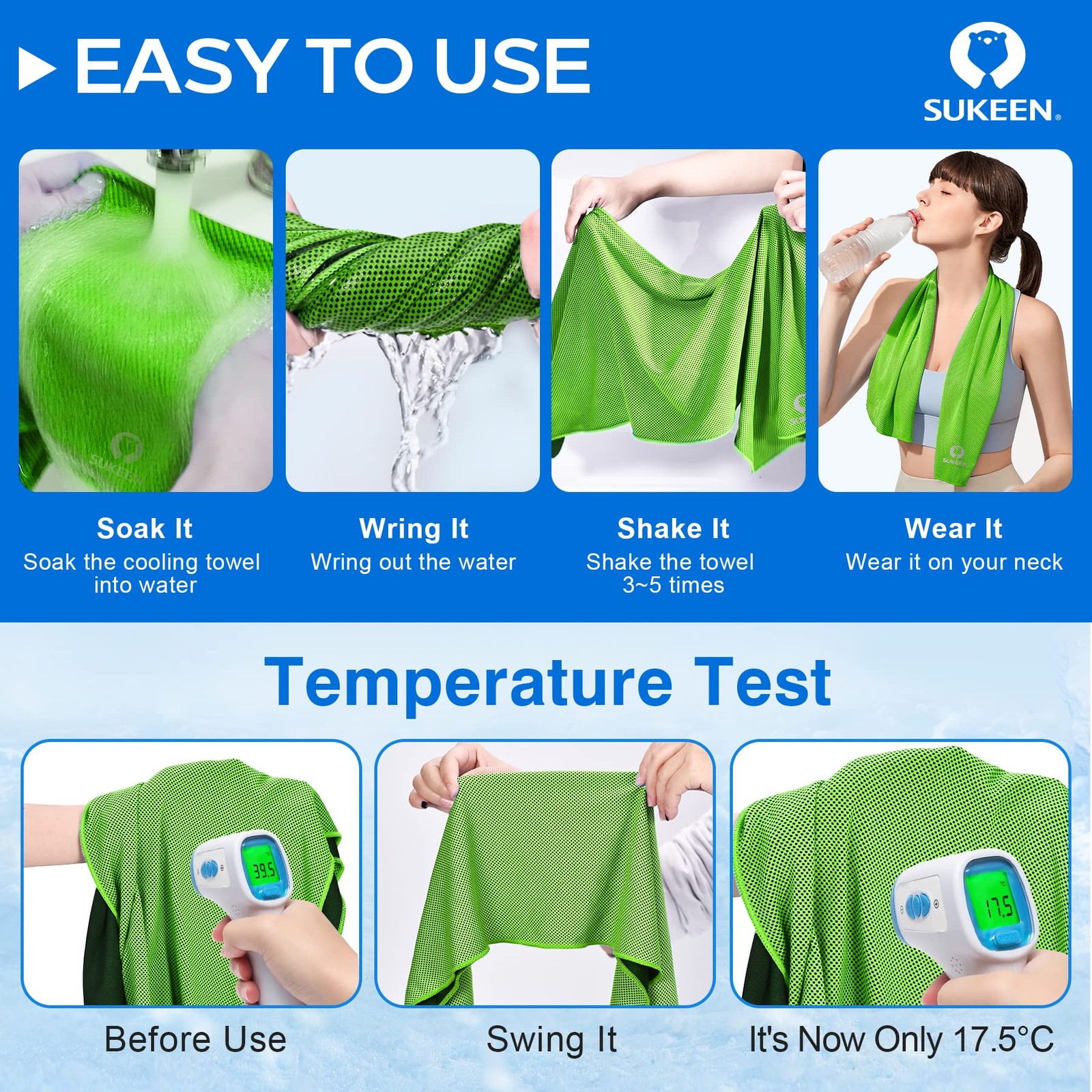 Sukeen 4 Pack Cooling Towels (40&Prime;x12&Prime;), 40&Prime; x 12&Prime;, Dark Blue/Green/Black/Pink
