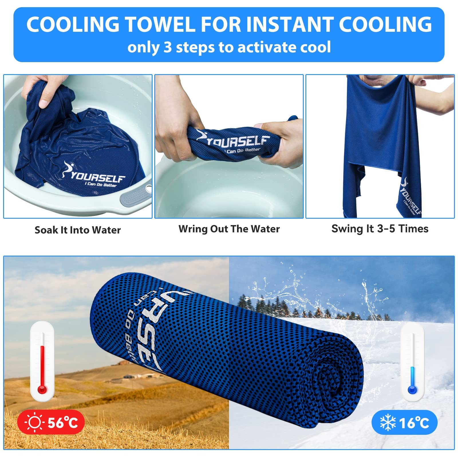 SYOURSELF Cooling Towel for Instant Relief Cool Bowling 40&Prime; x 12&Prime;, Dark Blue