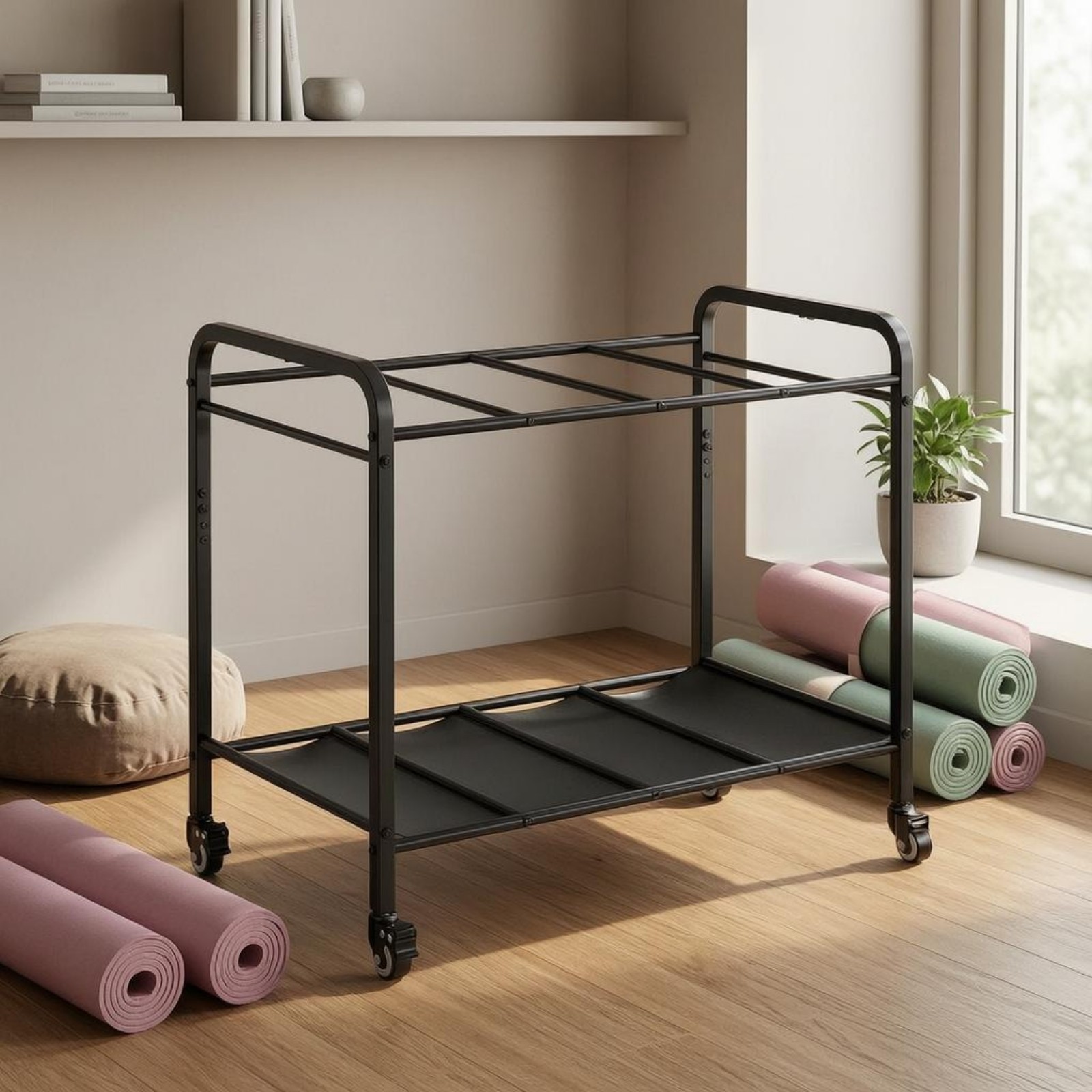 Exercise Mat Storage Rack Casters Exercise Gear Organizer Multi-Functional