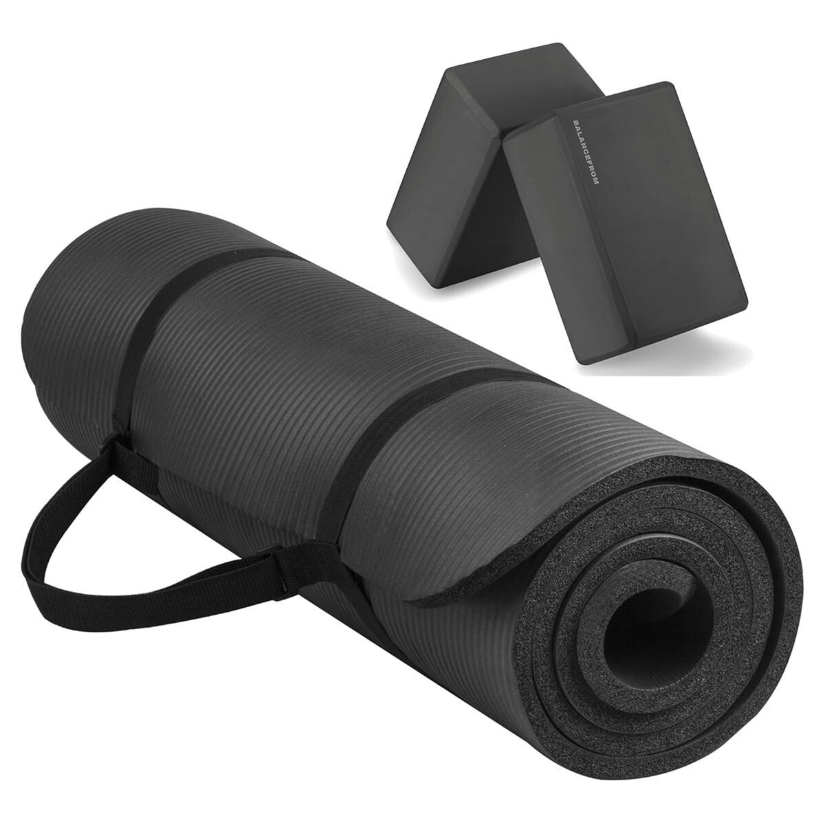 Exercise Yoga Mat 1/2-Inch Thick w/Yoga Blocks & Strap – Gym Pilates Meditation