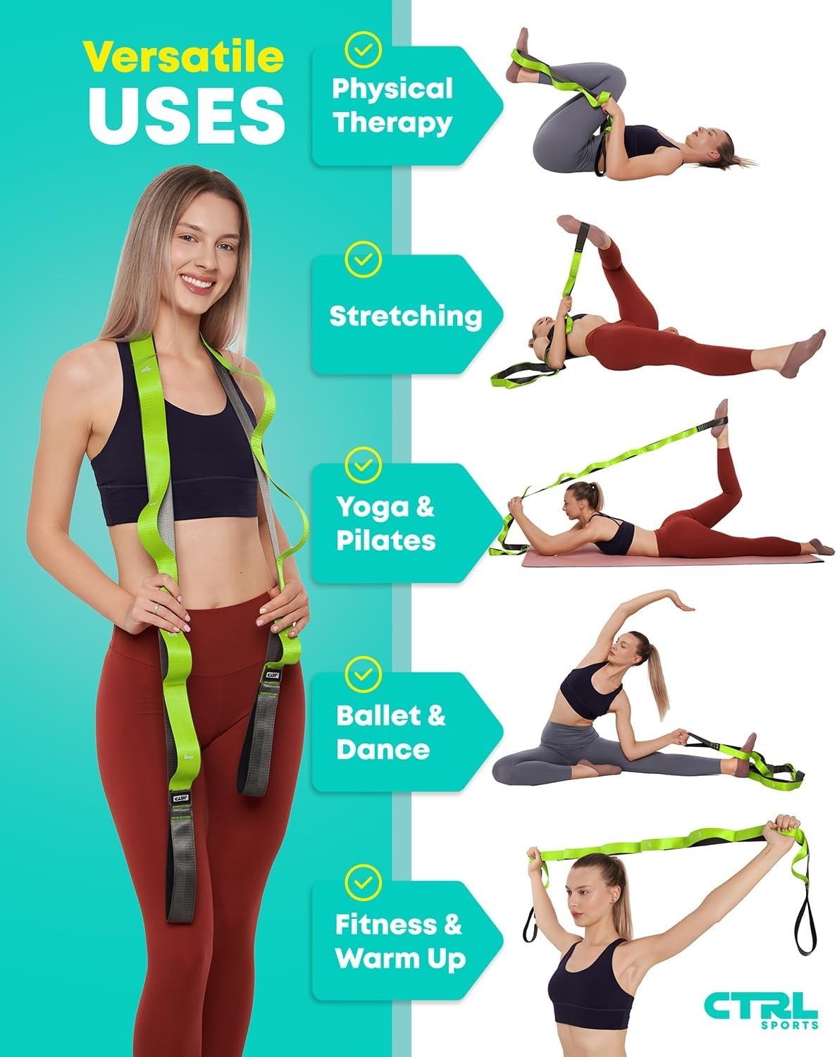 Multifunctional Yoga & Therapy Stretch Strap with Loops