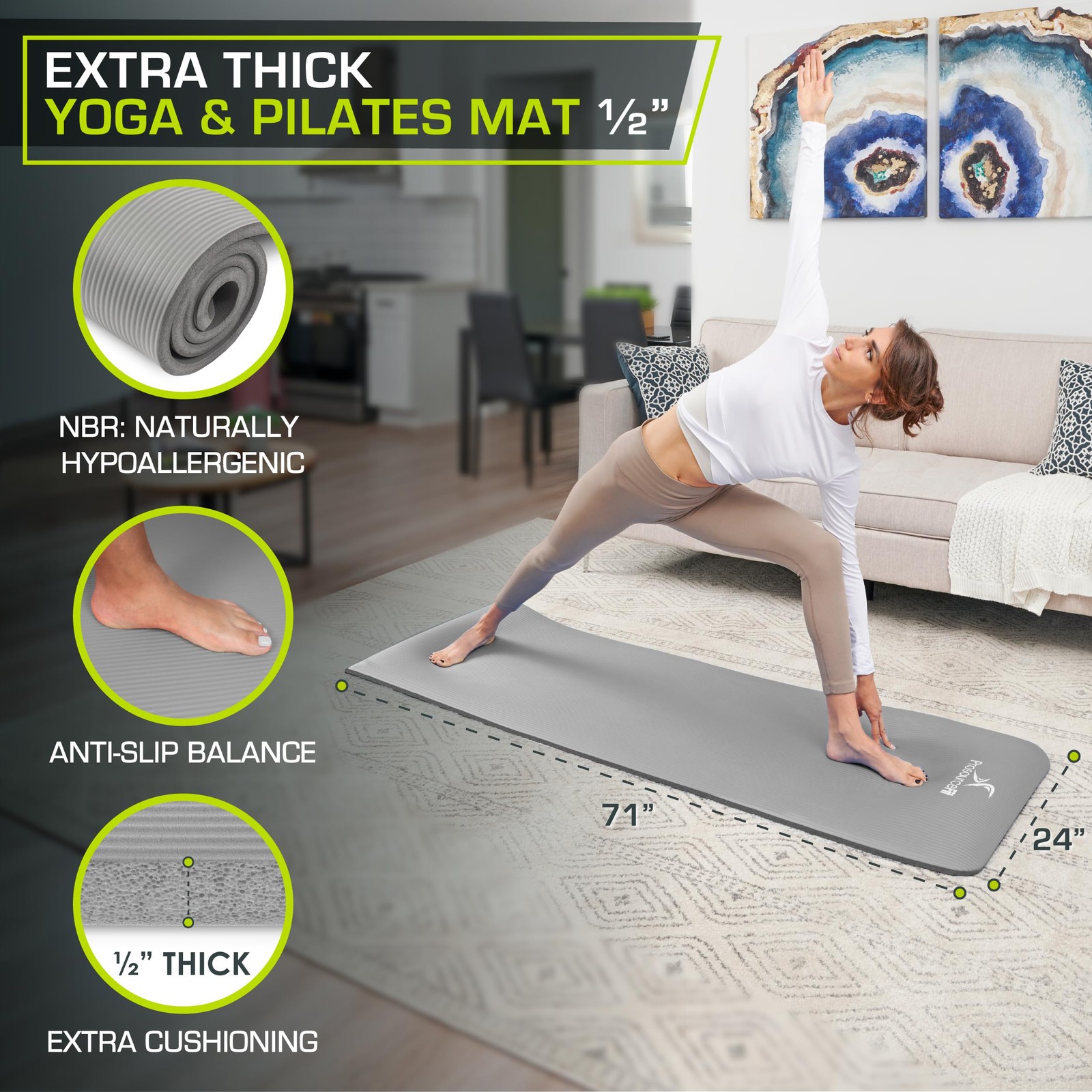 ProsourceFit Extra Thick Yoga and Pilates Mat ½” (13mm), 71-inch 1/2&Prime;, Grey