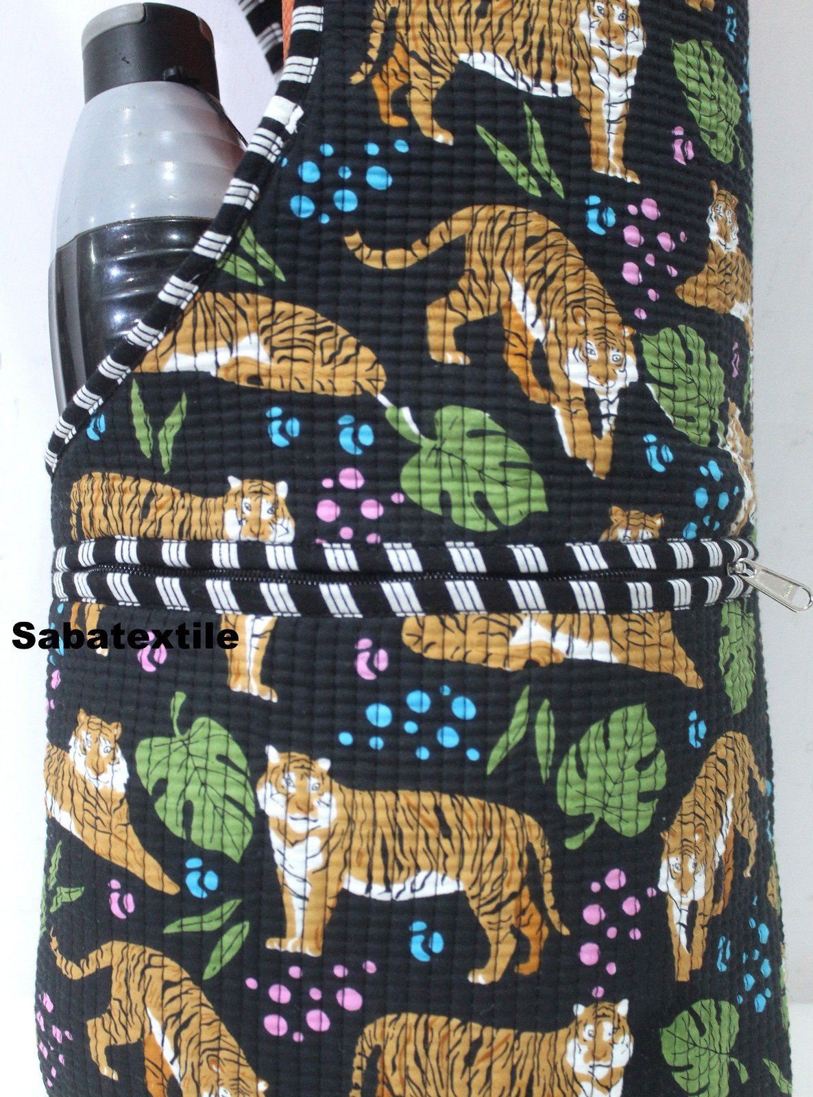 Indian Black Tiger Jhola Tote Bag, Quilted Yoga Mat Bag,Handblock Yoga Mat Bag
