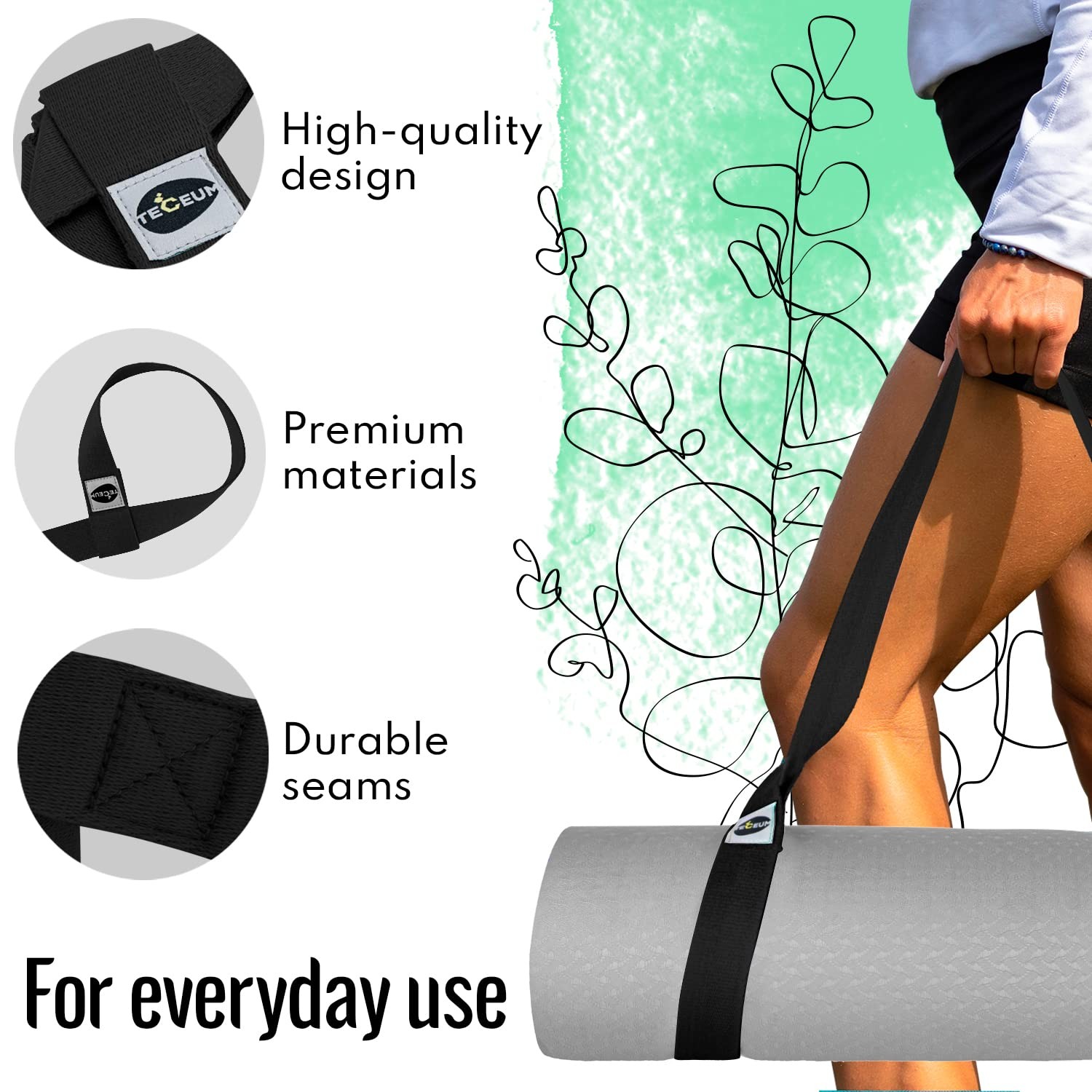 TECEUM Yoga Mat Strap – Black & 30+ Colors – Adjustable 64 IN,
