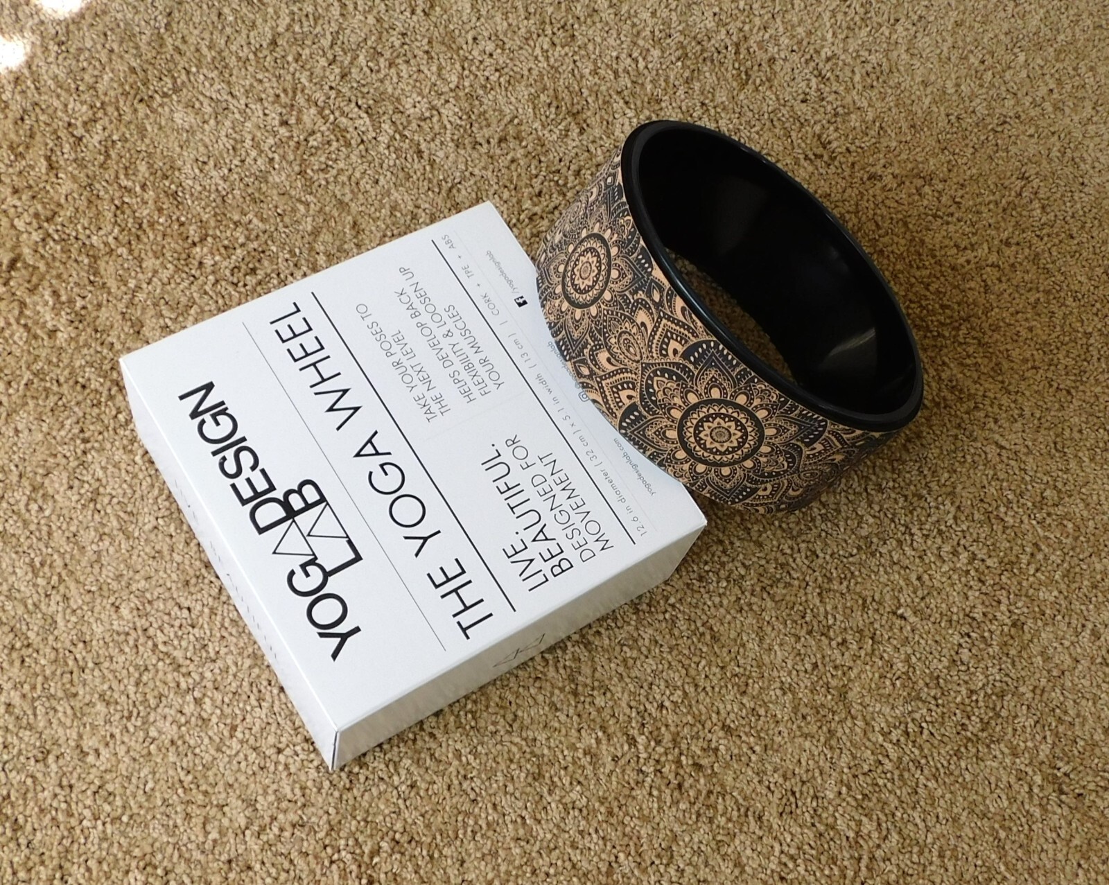 Cork Yoga Wheel by Yoga Design Lab (12.6 diameter), mandala black, New