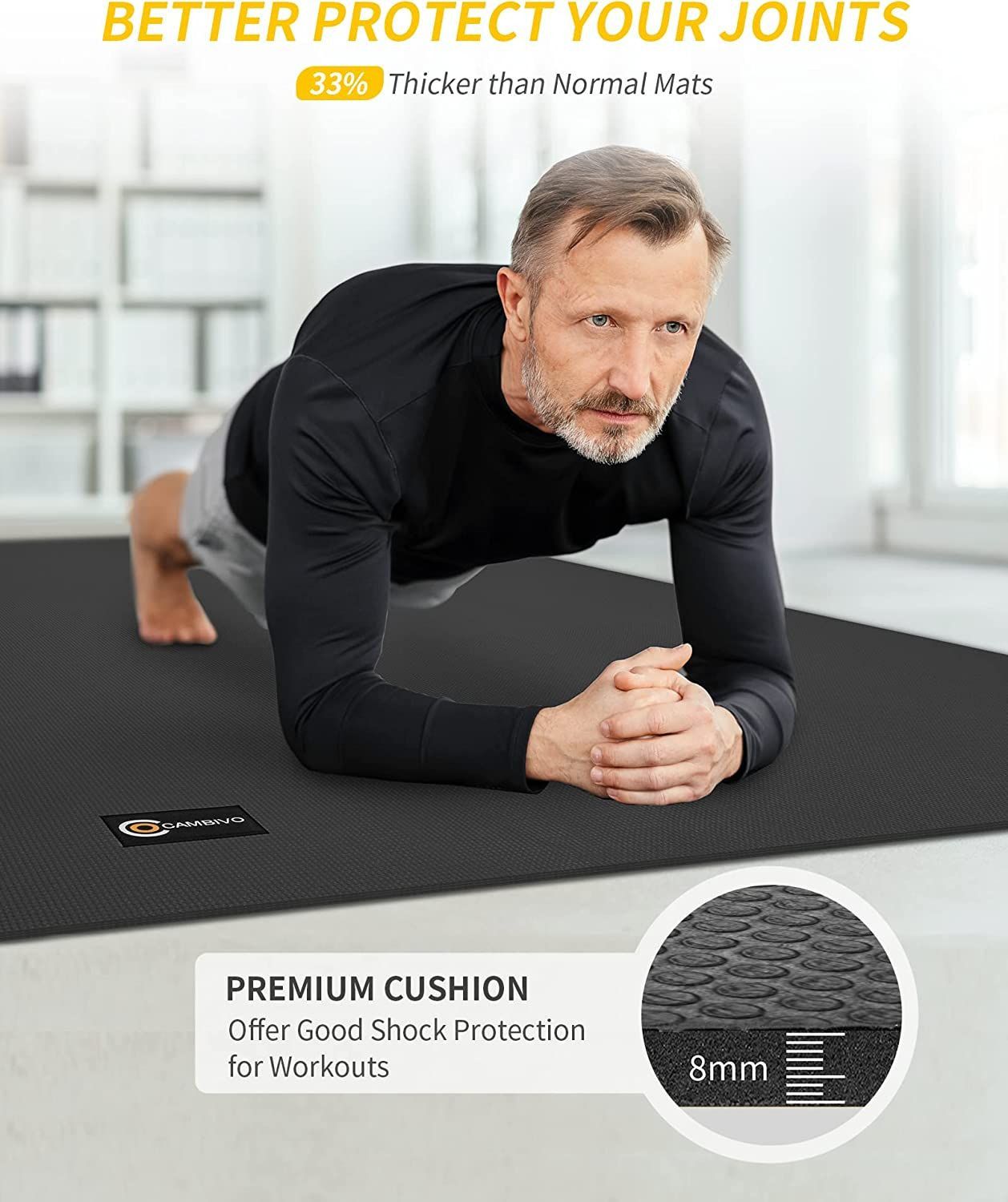 CAMBIVO Large Yoga Mat, Extra Thick Workout Mats for 6&prime; x 4&prime; x 8 mm, Black