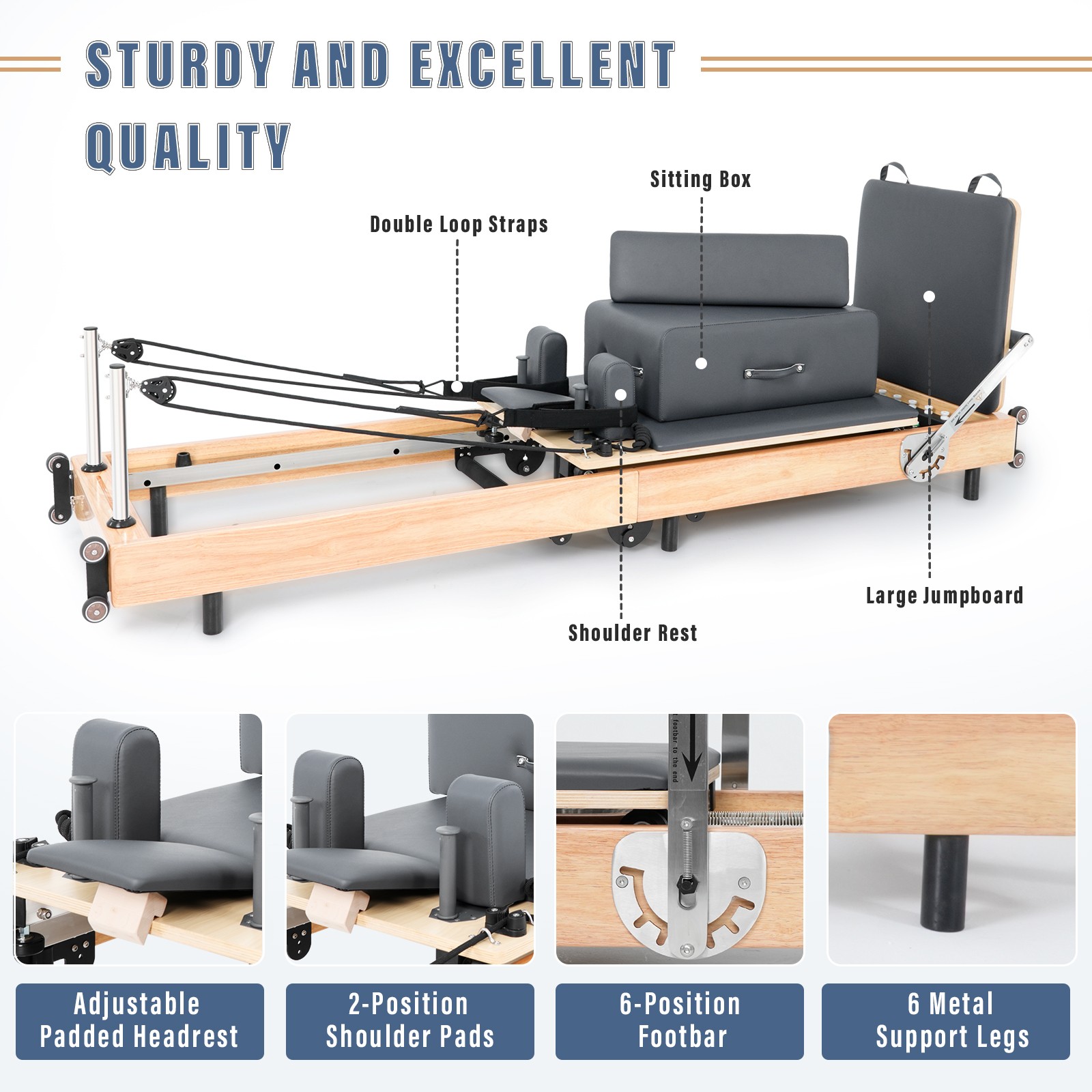 H&ZT Foldable Pilates Reformer Machine With Reformer Box Jump Board Foot Strap