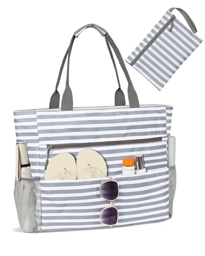 Beach Bag-Waterproof Sandproof Beach Totes with zipper Large Grey Stripe
