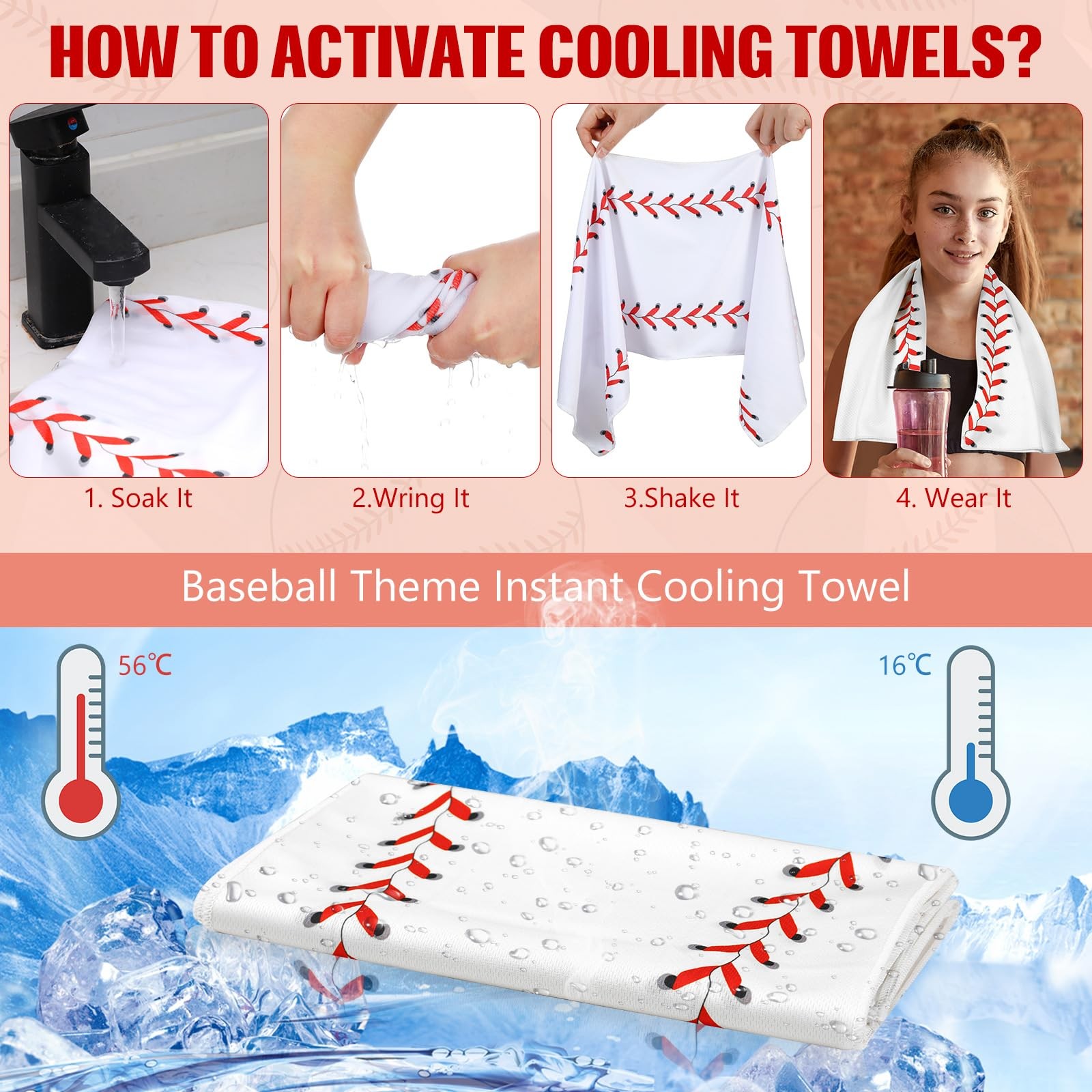 Tegeme 12 Pack Mini Baseball Cooling Towels, 30&Prime;x9&Prime; 30&Prime; x 9&Prime;, White