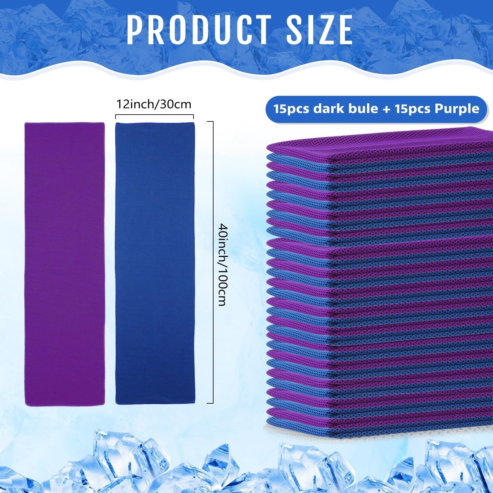 Hosuly 30 Pack Cooling Towels, 40&Prime;x12&Prime; Ice 40 x 12 inches, Dark Blue, Purple