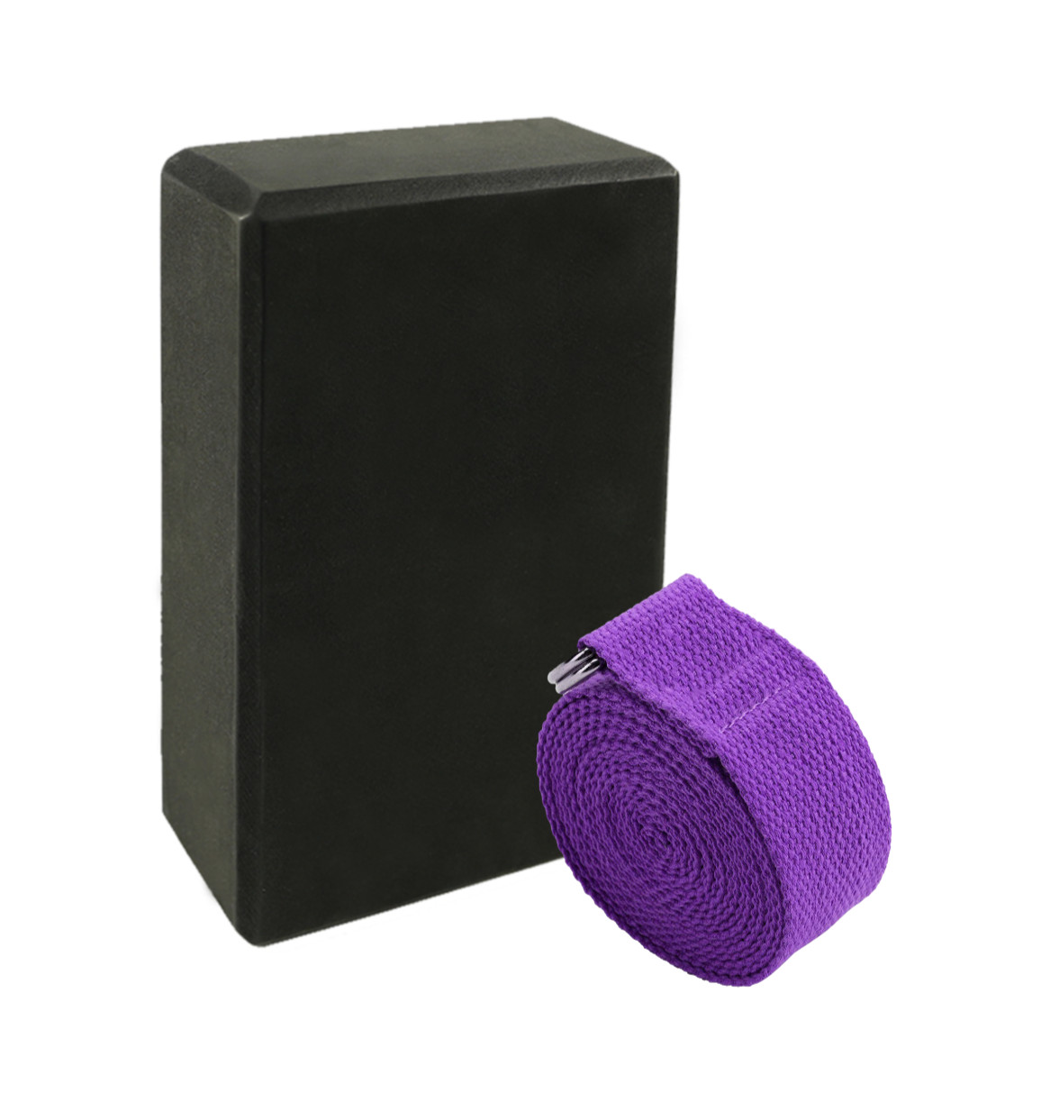 Black Yoga Block and Purple Yoga Strap