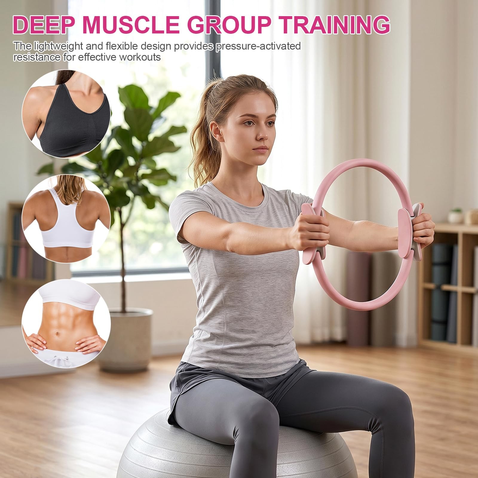 Pilates Ring 15 Inch Magic Circle Ring, Dual Padded Handles Pink