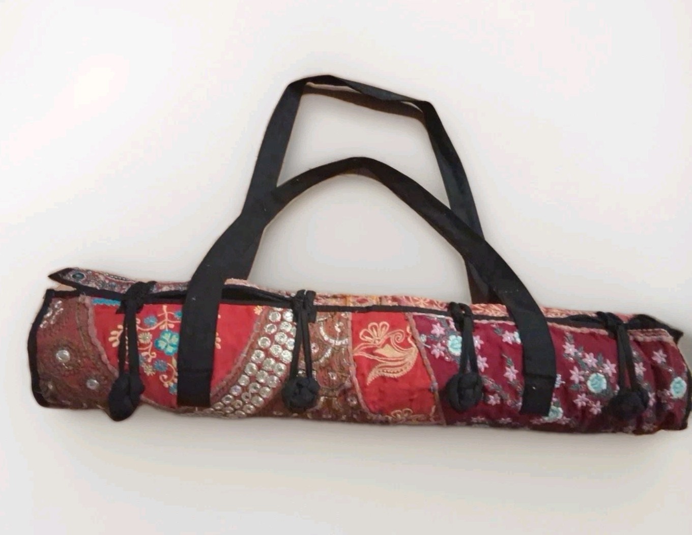 Handmade Indian Fabric Yoga Mat Shoulder Carry Bag w Cloth Knot Closures & Mat