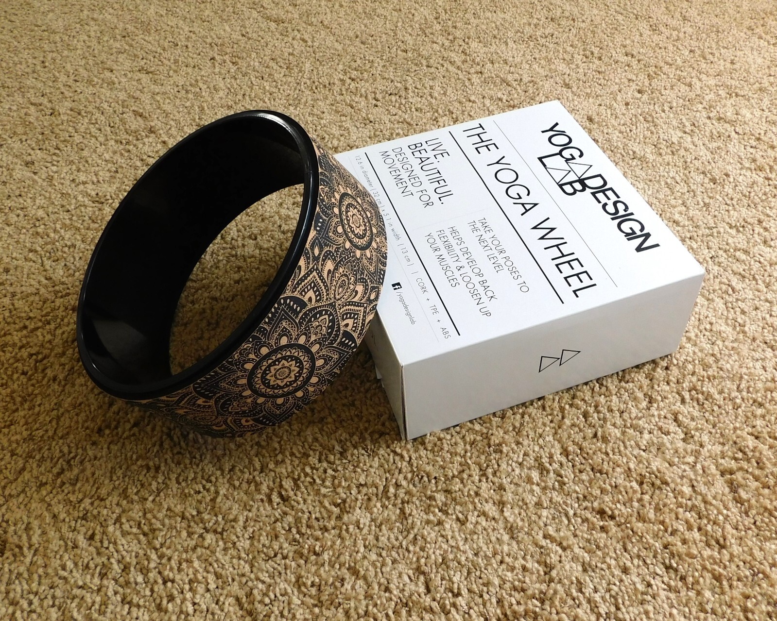 Cork Yoga Wheel by Yoga Design Lab (12.6 diameter), mandala black, New