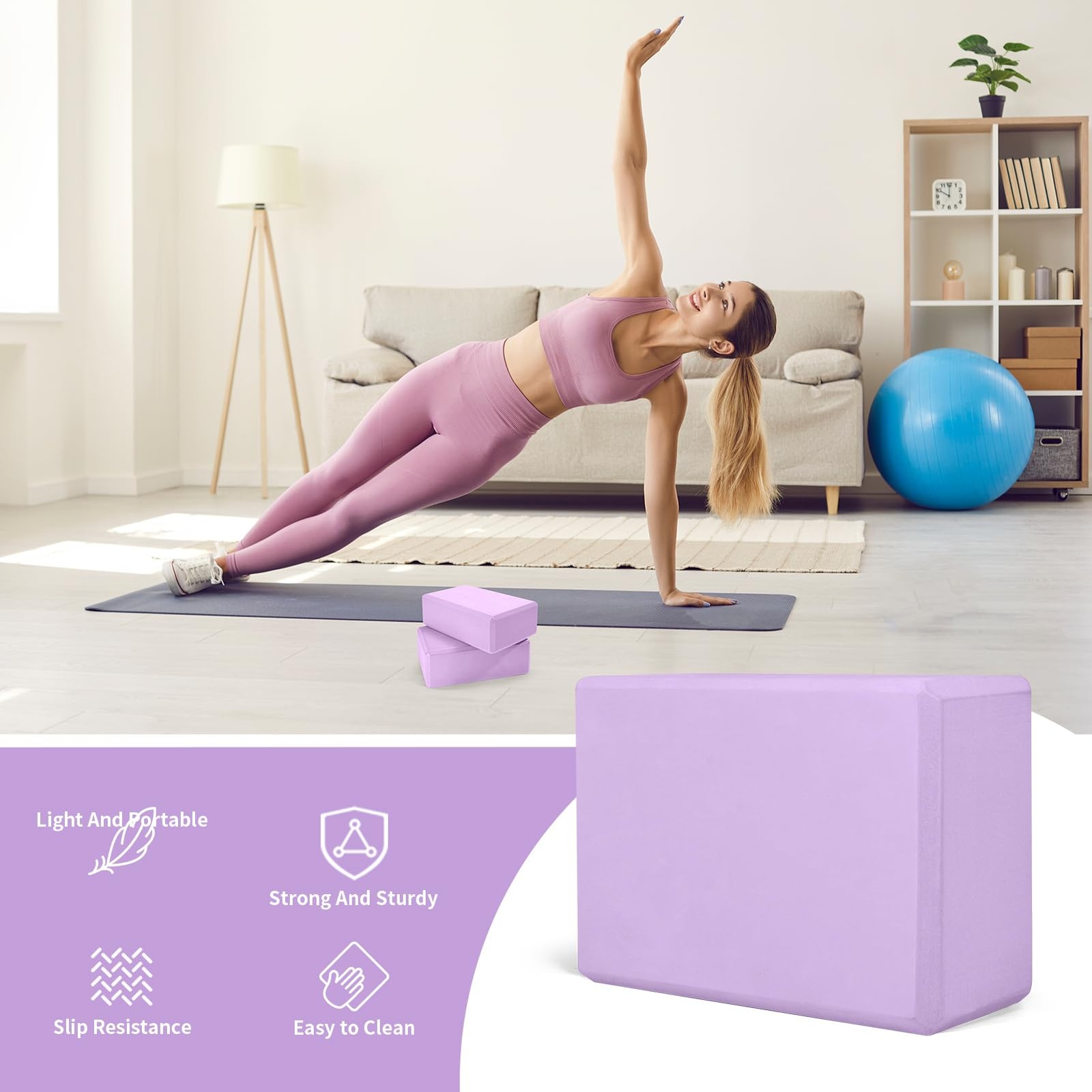 Yoga Block 2 Pack 9&Prime;x6&Prime;x3&Prime;, Sturdy Foam Blocks, High Density & Lavender