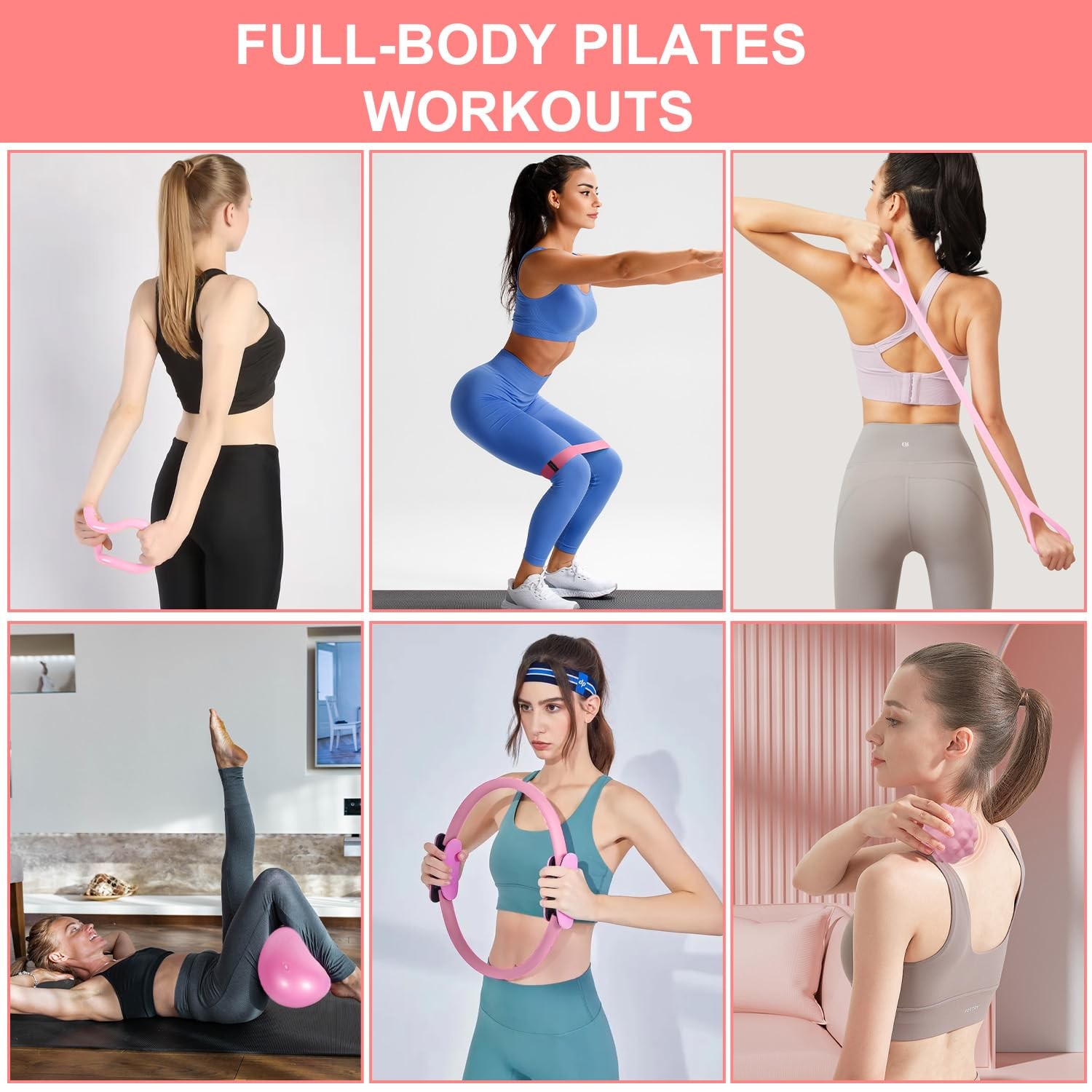 LENGAMPLAY Pilates Ring Set with Resistance Bands– Anti-Slip Magic Pink