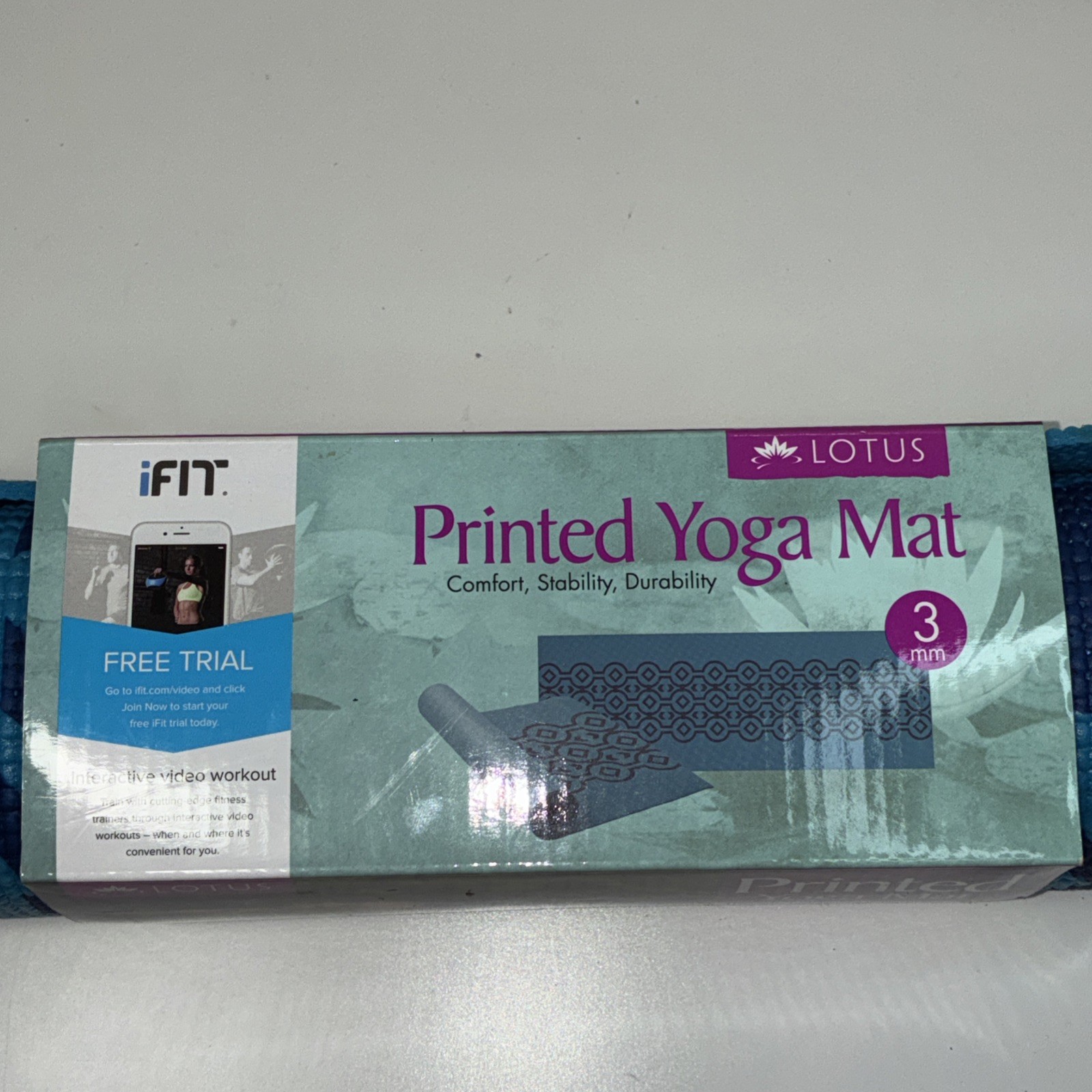 NEW Lotus Printed Blue Yoga 3mm Mat Cushioned Support Textured 24&Prime;x68&Prime;