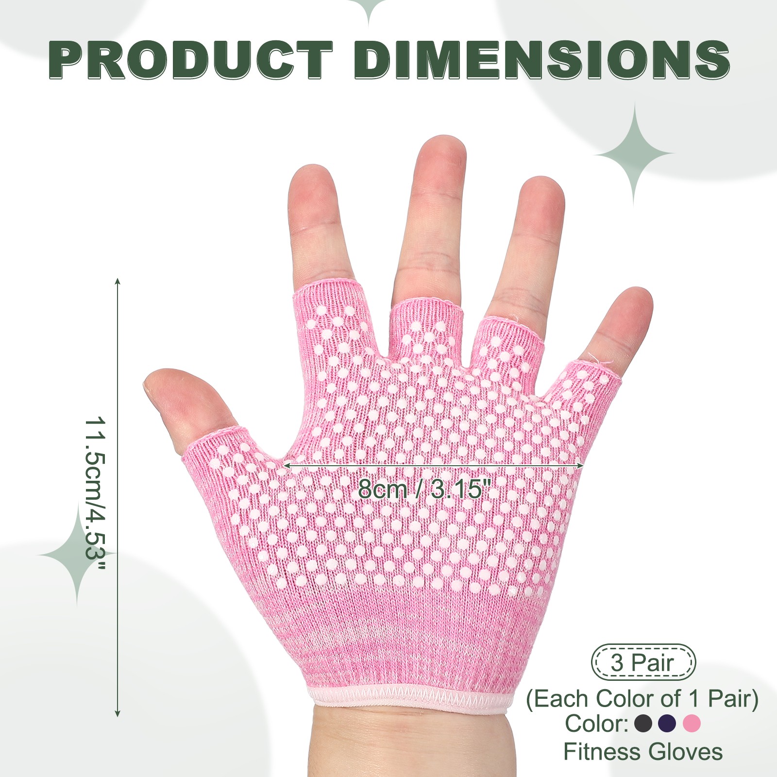 3Pairs Yoga Gloves, Non Slip Fingerless Pilates Gloves, Black Grey/Purple/Pink